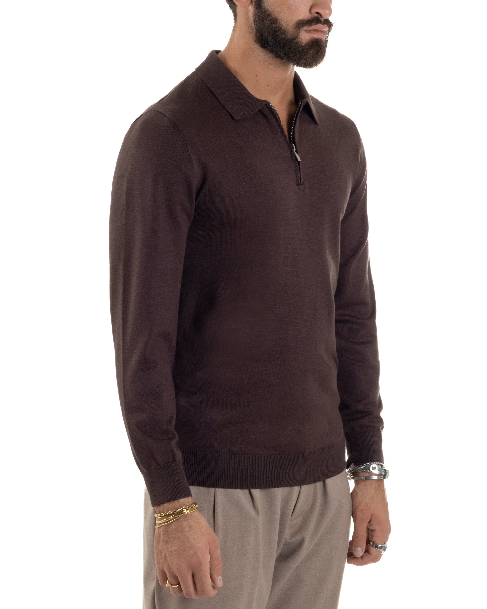 Maglia Colletto Polo Con Zip Basic Marrone M3028A