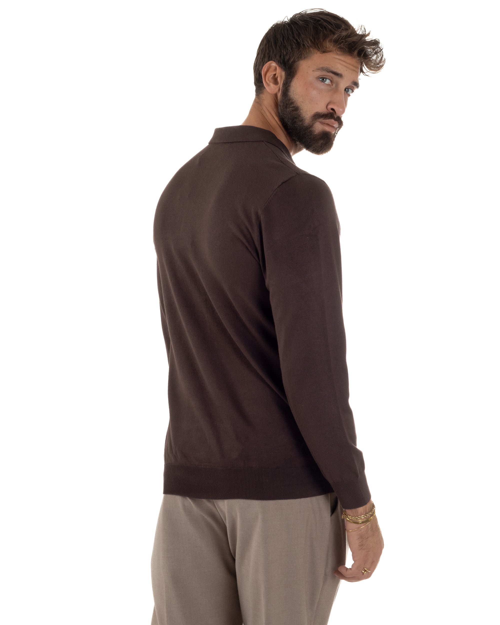 Maglia Colletto Polo Con Zip Basic Marrone M3028A