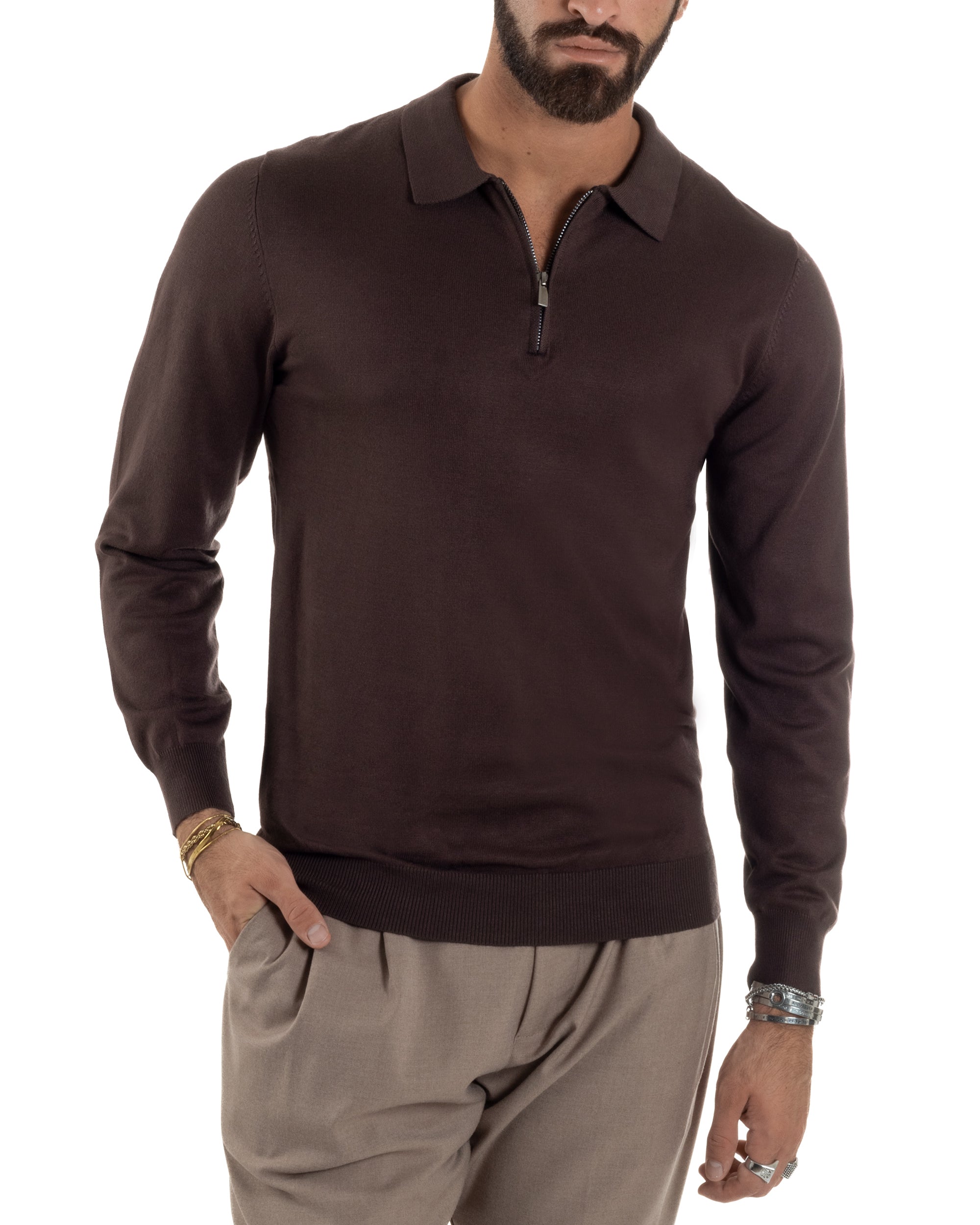 Maglia Colletto Polo Con Zip Basic Marrone M3028A