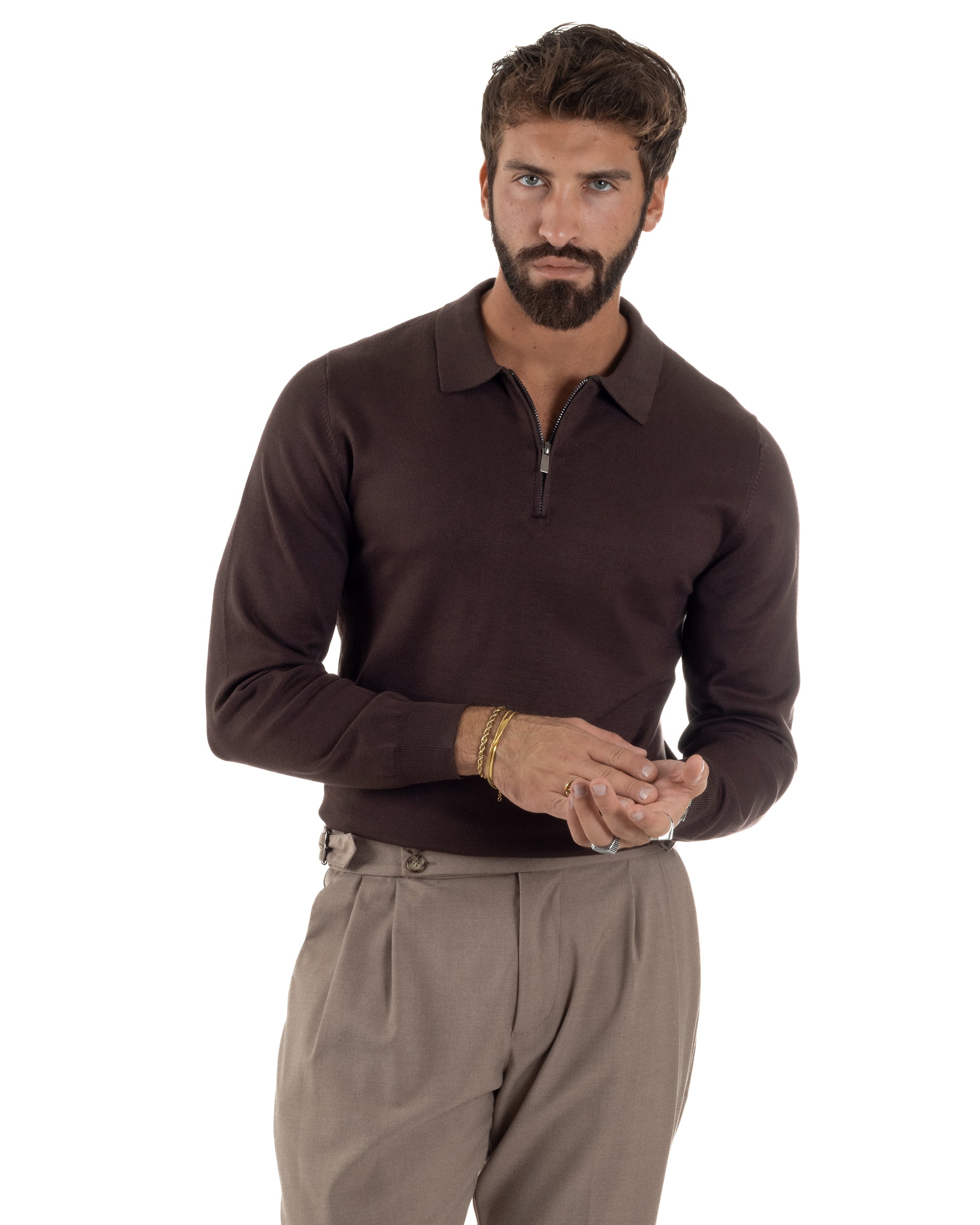 Maglia Colletto Polo Con Zip Basic Marrone M3028A