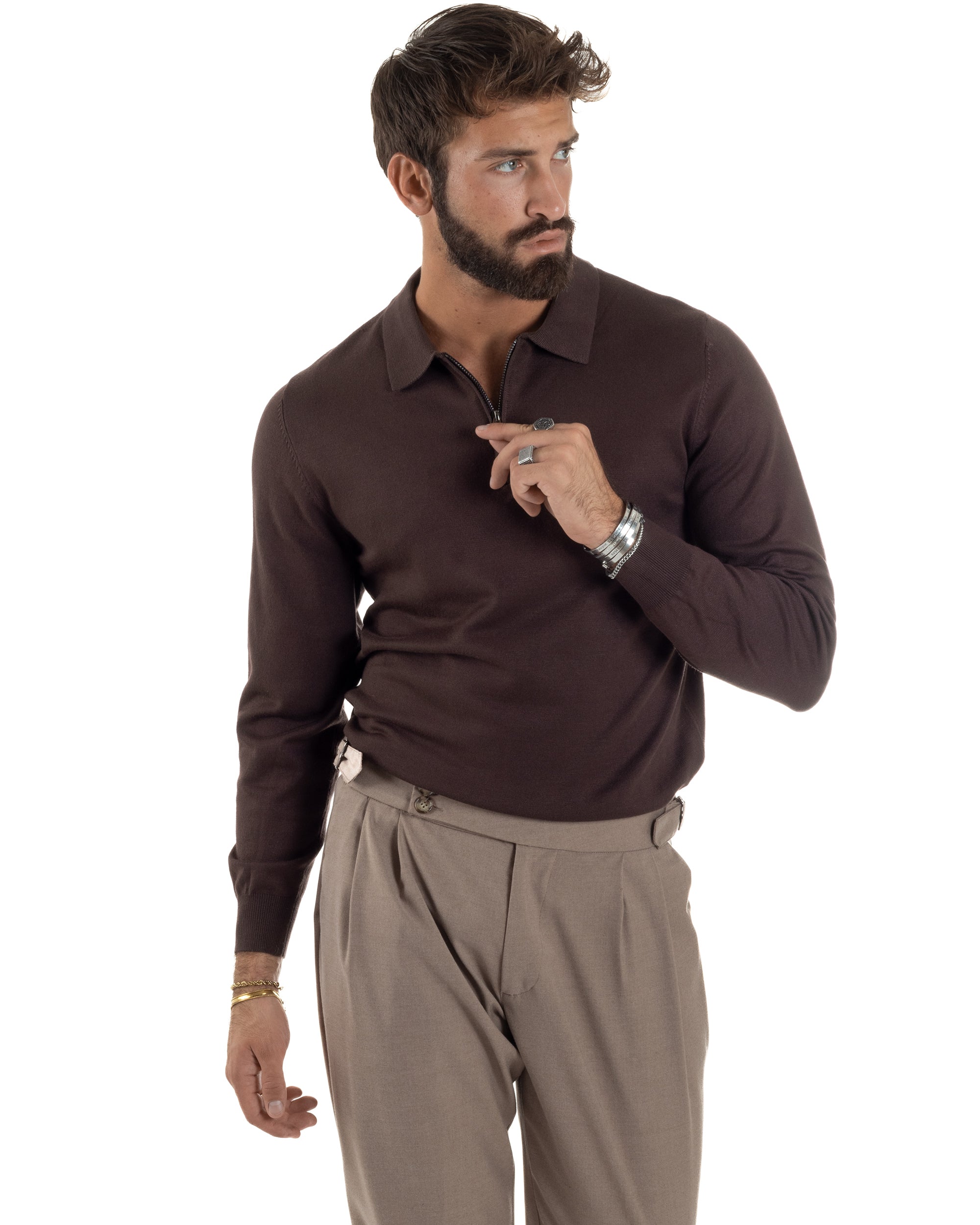 Maglia Colletto Polo Con Zip Basic Marrone M3028A