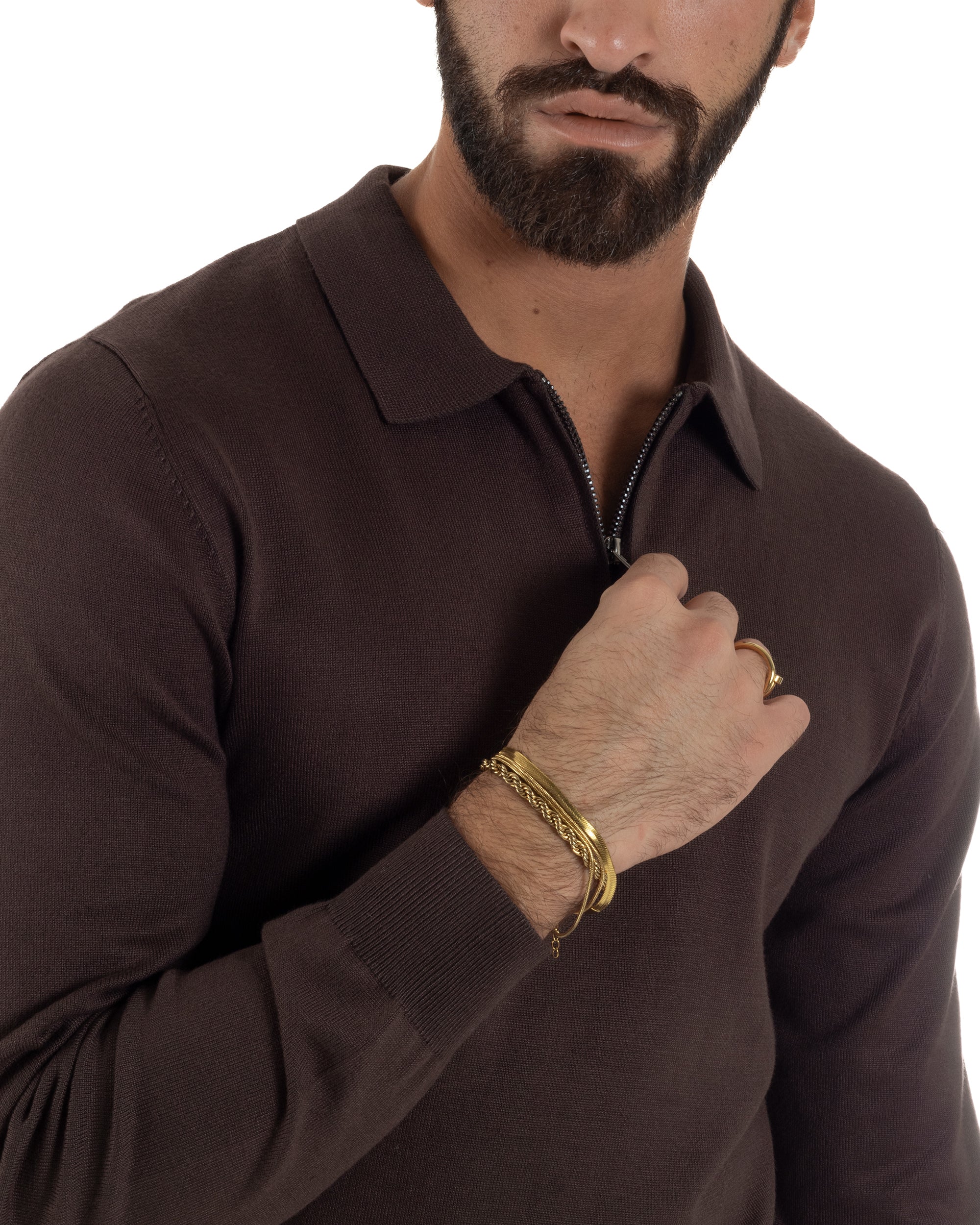 Maglia Colletto Polo Con Zip Basic Marrone M3028A