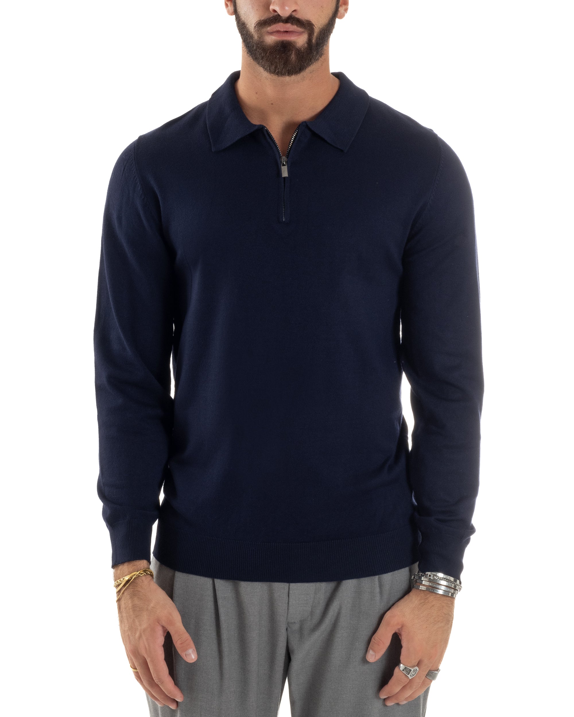 Maglia Colletto Polo Con Zip Basic Blu M3029A