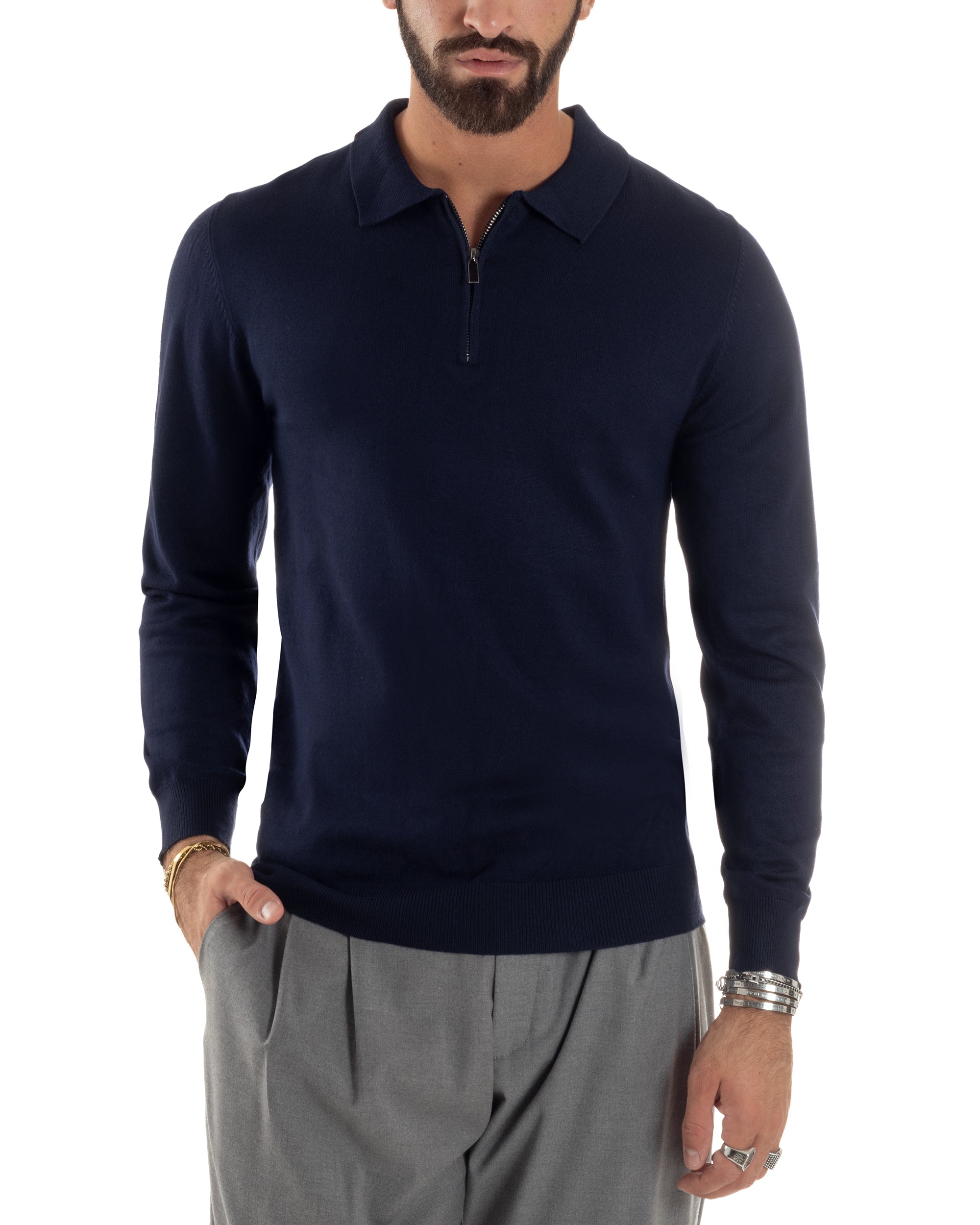 Maglia Colletto Polo Con Zip Basic Blu M3029A