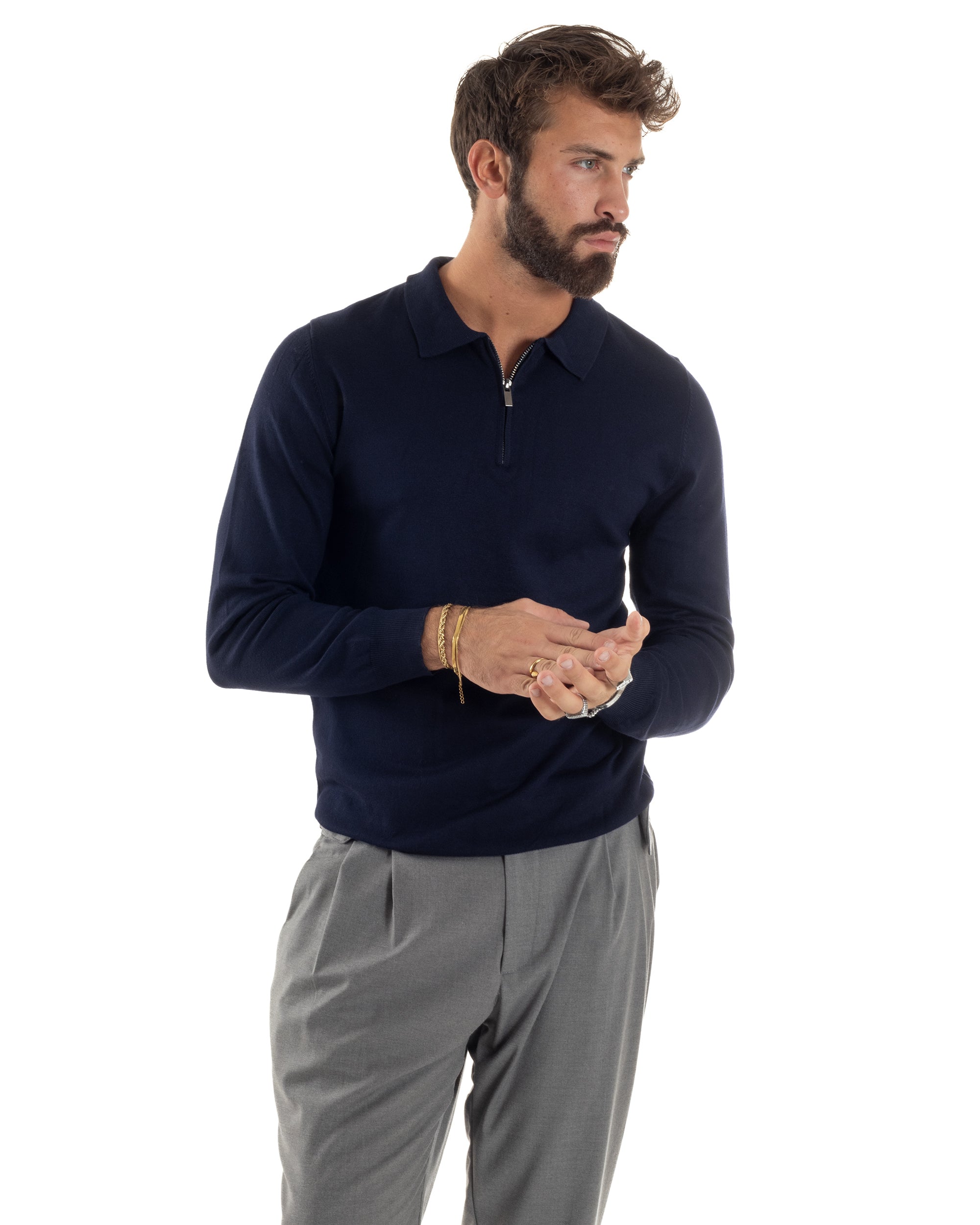 Maglia Colletto Polo Con Zip Basic Blu M3029A