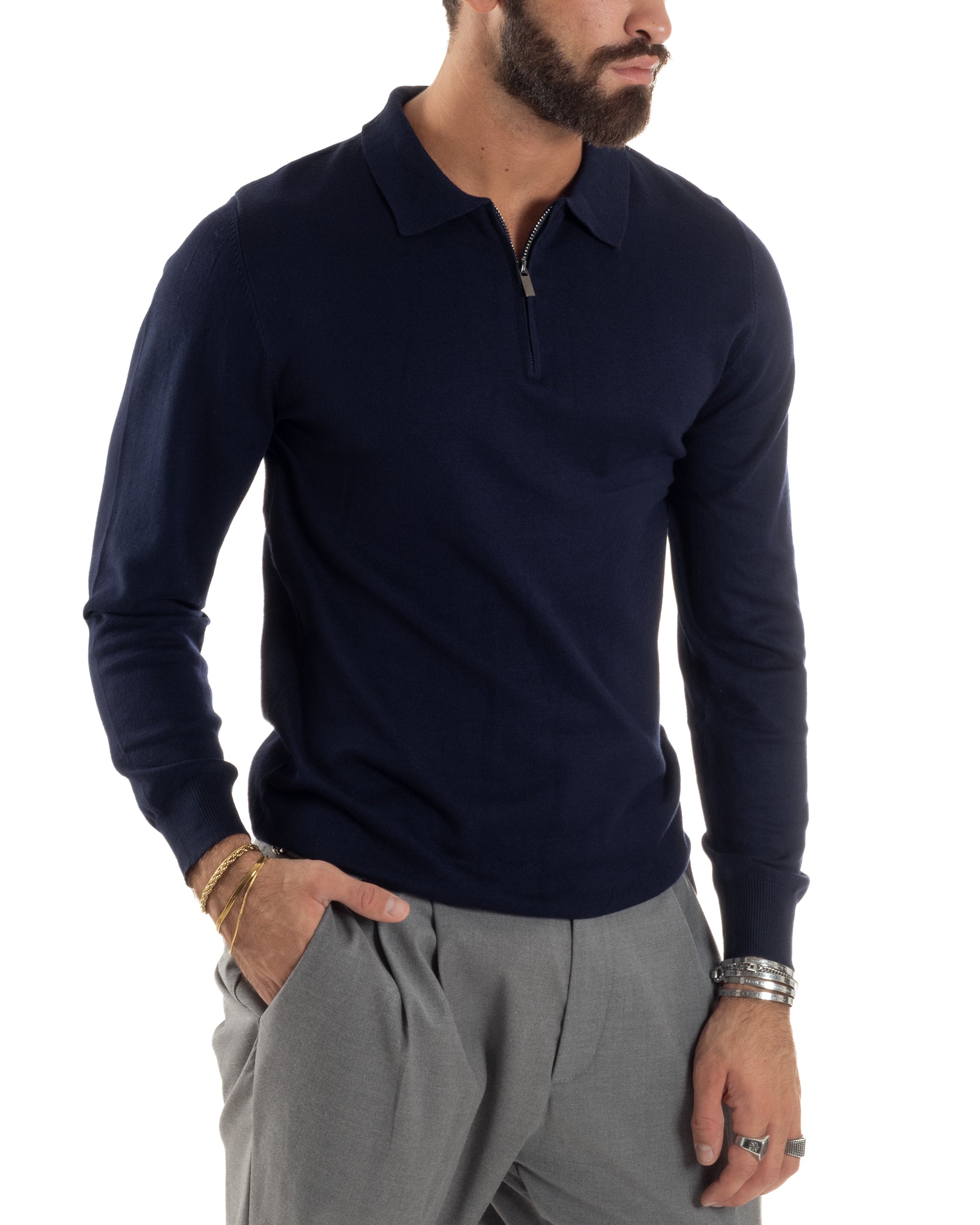 Maglia Colletto Polo Con Zip Basic Blu M3029A