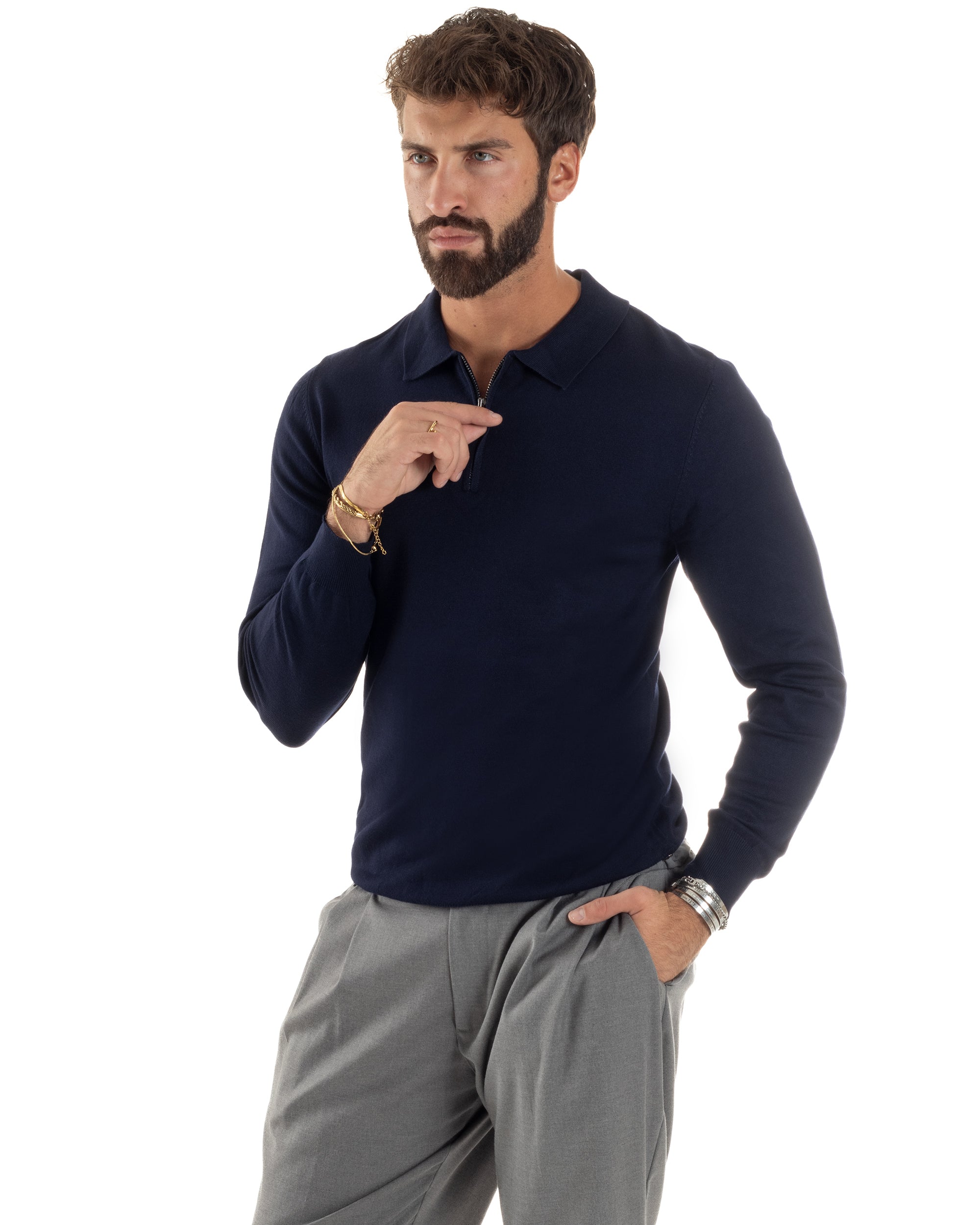 Maglia Colletto Polo Con Zip Basic Blu M3029A