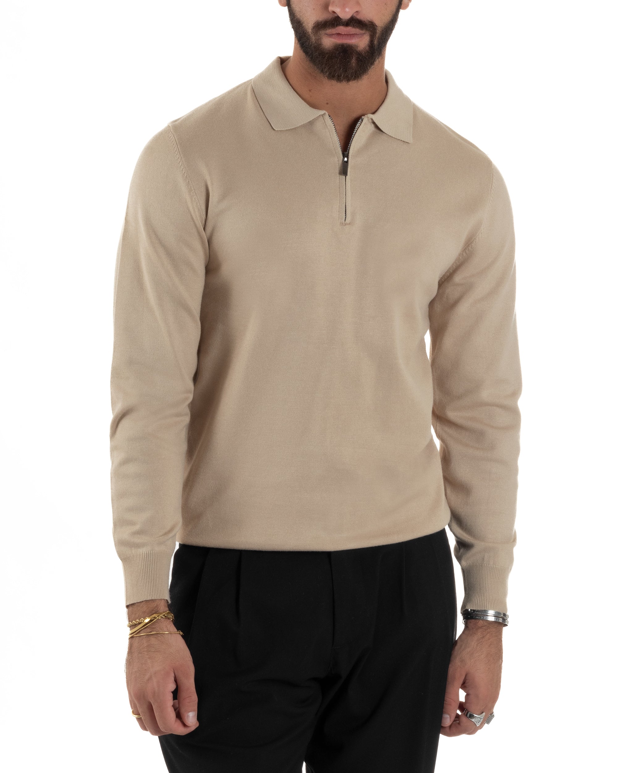 Maglia Colletto Polo Con Zip Basic Beige M3030A