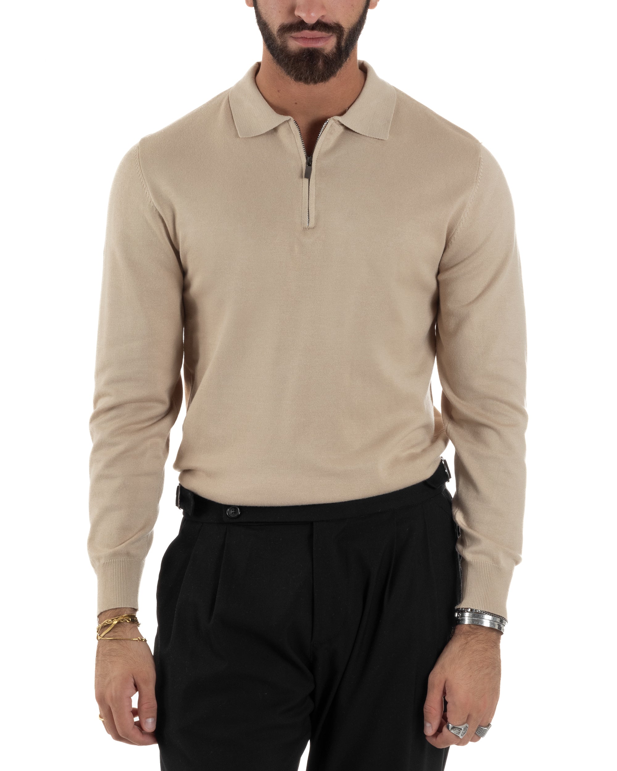 Maglia Colletto Polo Con Zip Basic Beige M3030A