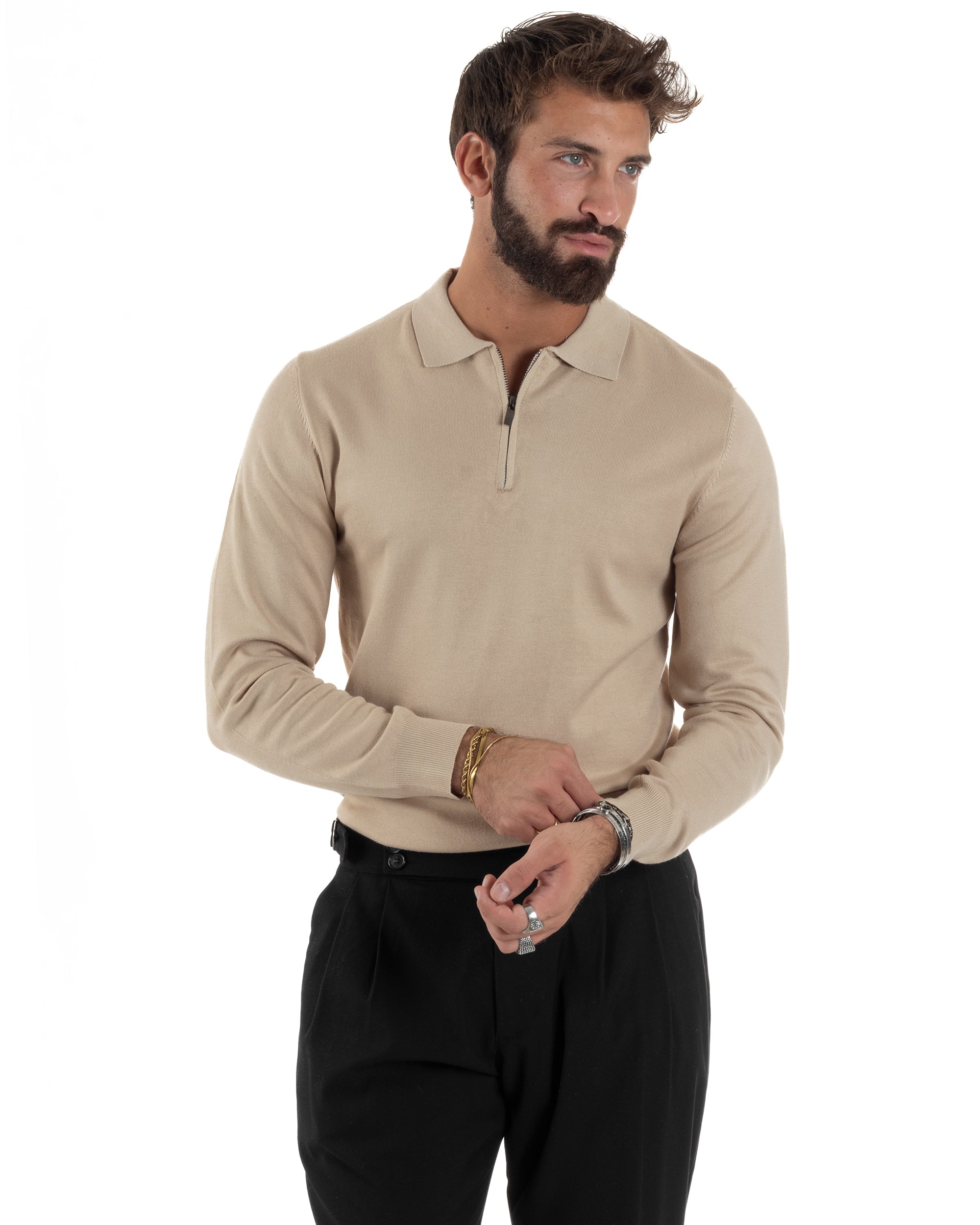 Maglia Colletto Polo Con Zip Basic Beige M3030A