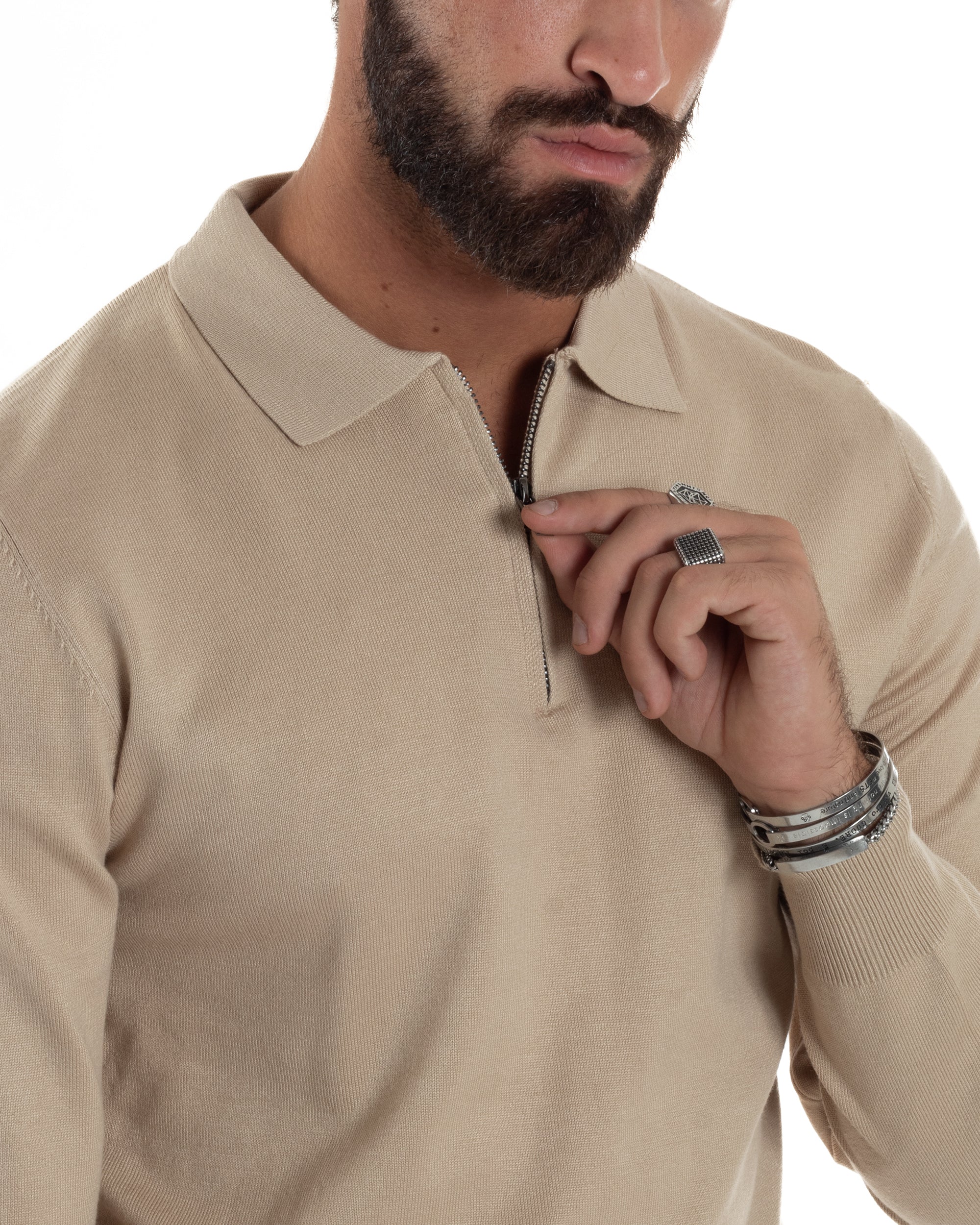 Maglia Colletto Polo Con Zip Basic Beige M3030A