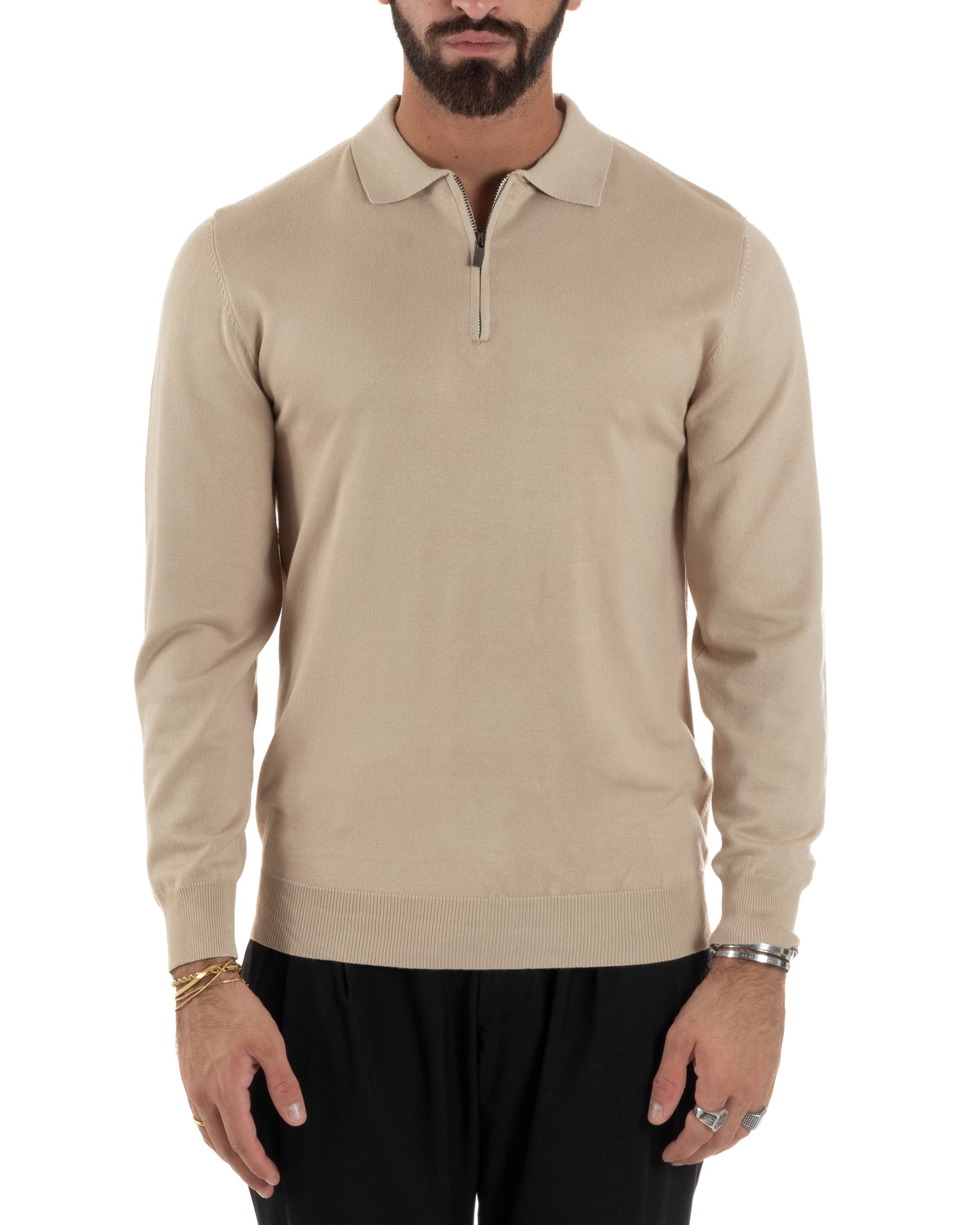 Maglia Colletto Polo Con Zip Basic Beige M3030A