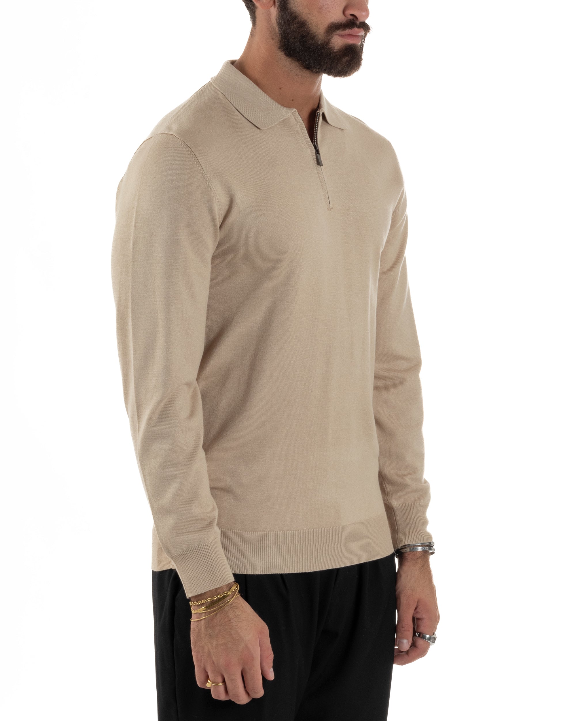 Maglia Colletto Polo Con Zip Basic Beige M3030A