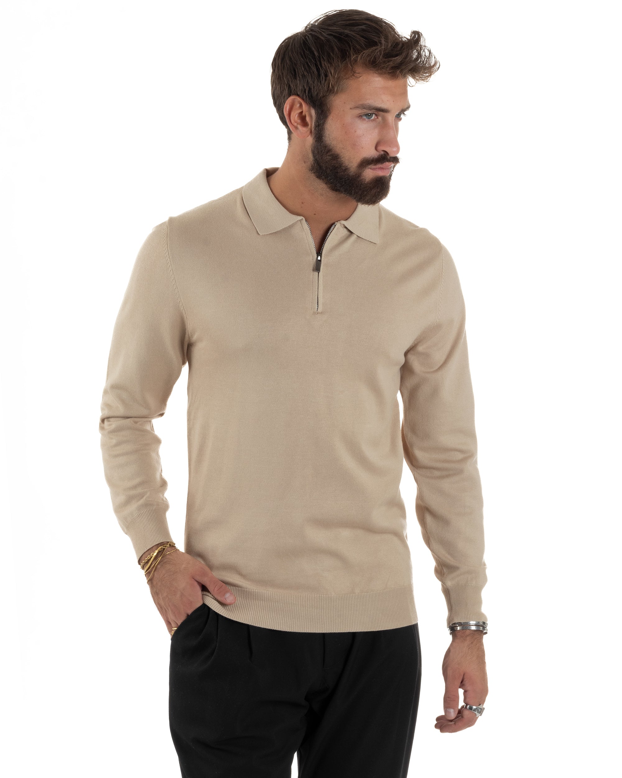 Maglia Colletto Polo Con Zip Basic Beige M3030A