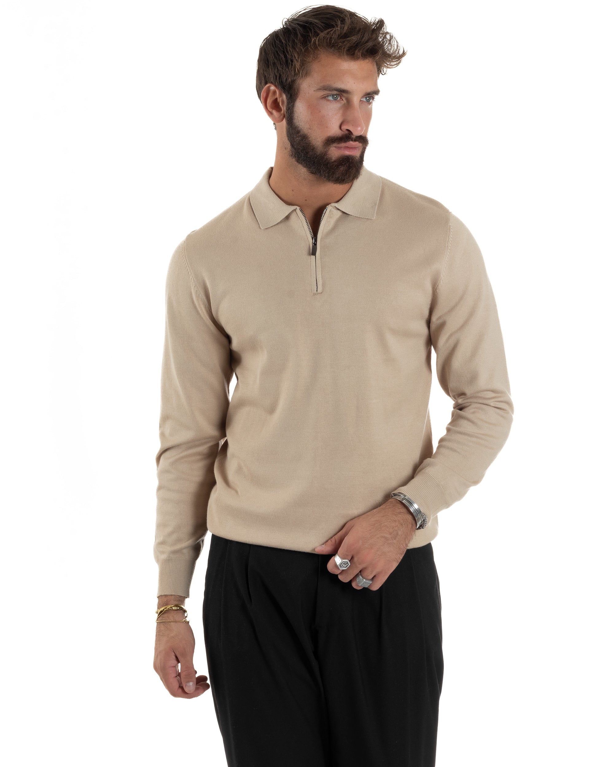 Maglia Colletto Polo Con Zip Basic Beige M3030A