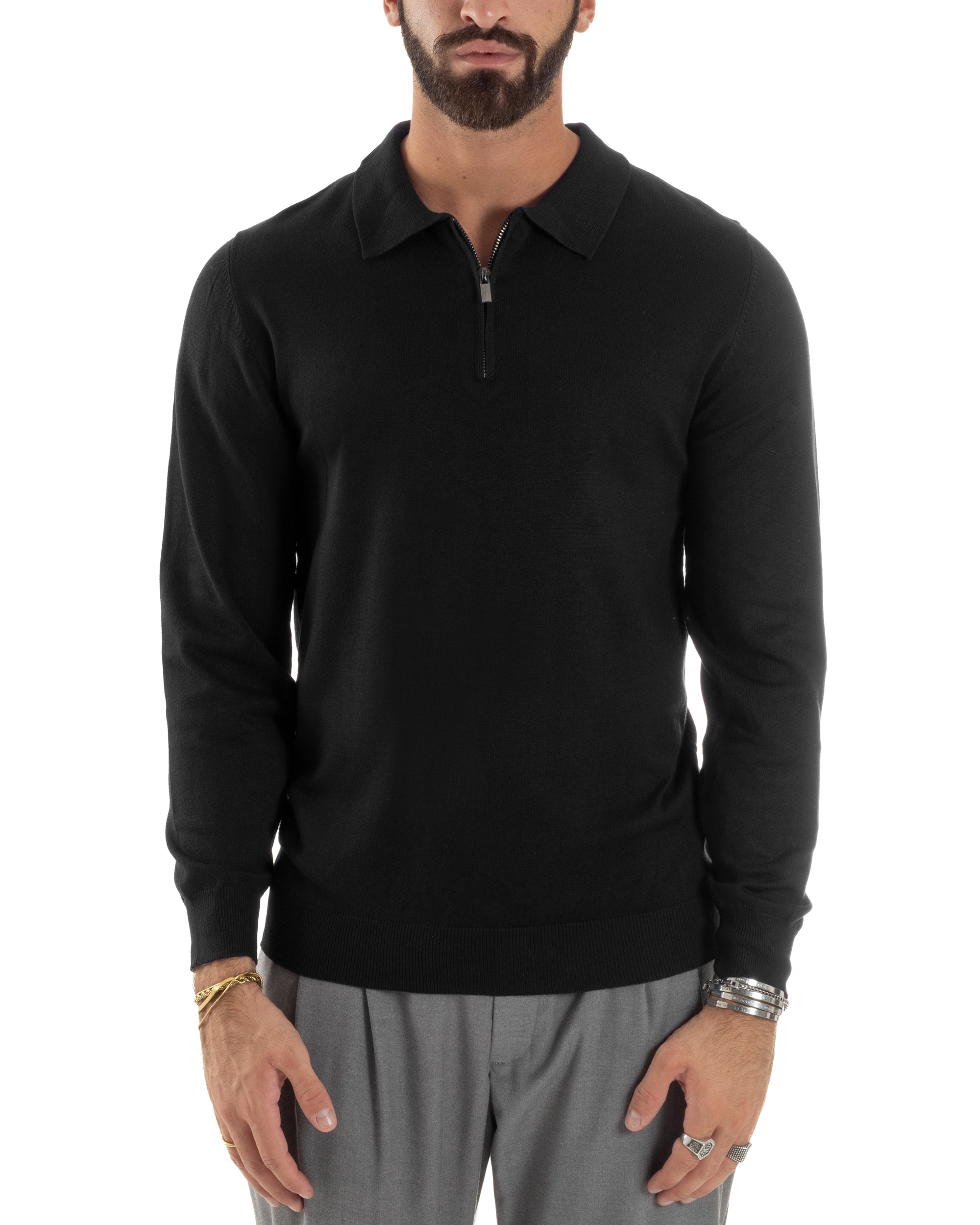 Maglia Colletto Polo Con Zip Basic Nero M3031A