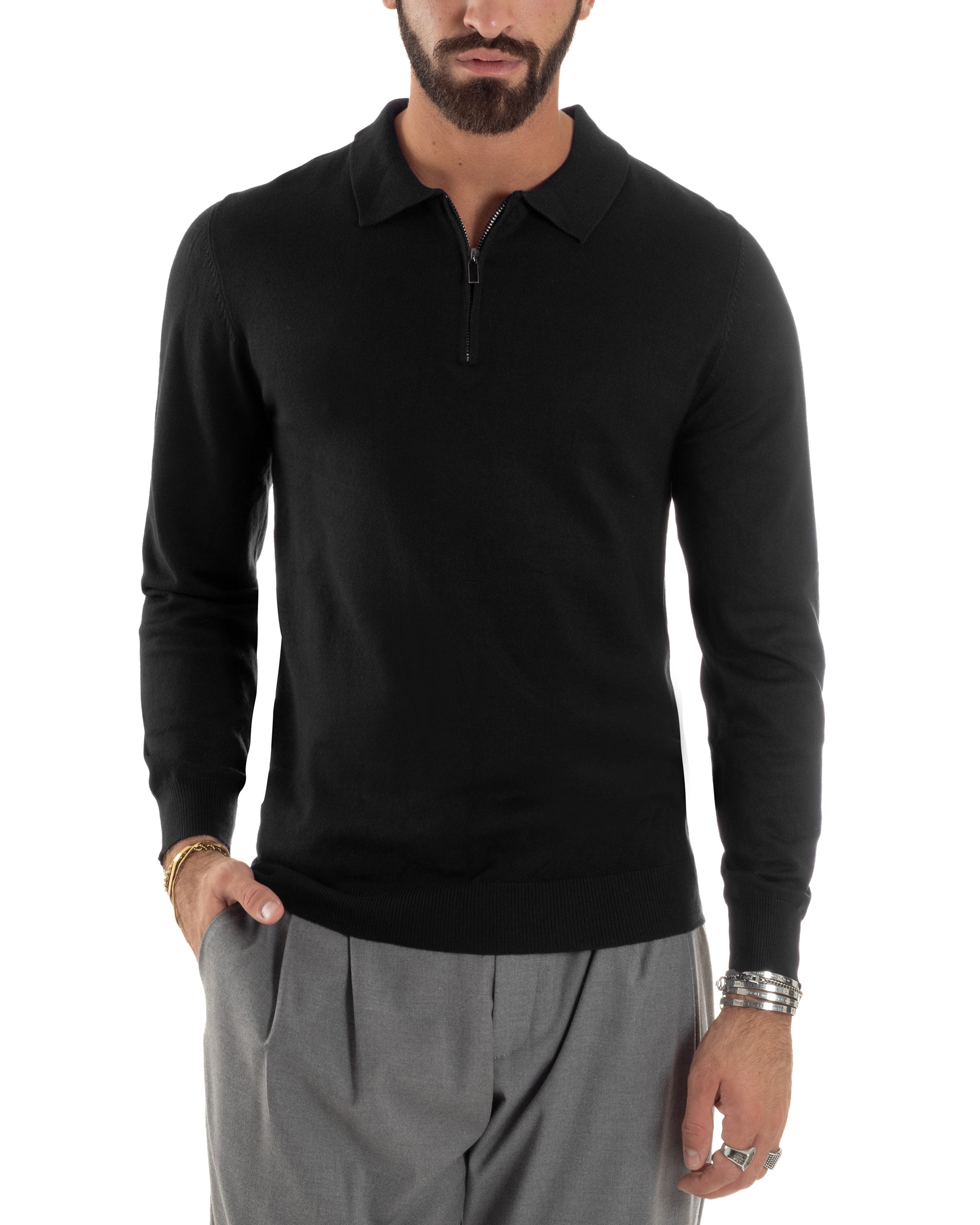 Maglia Colletto Polo Con Zip Basic Nero M3031A