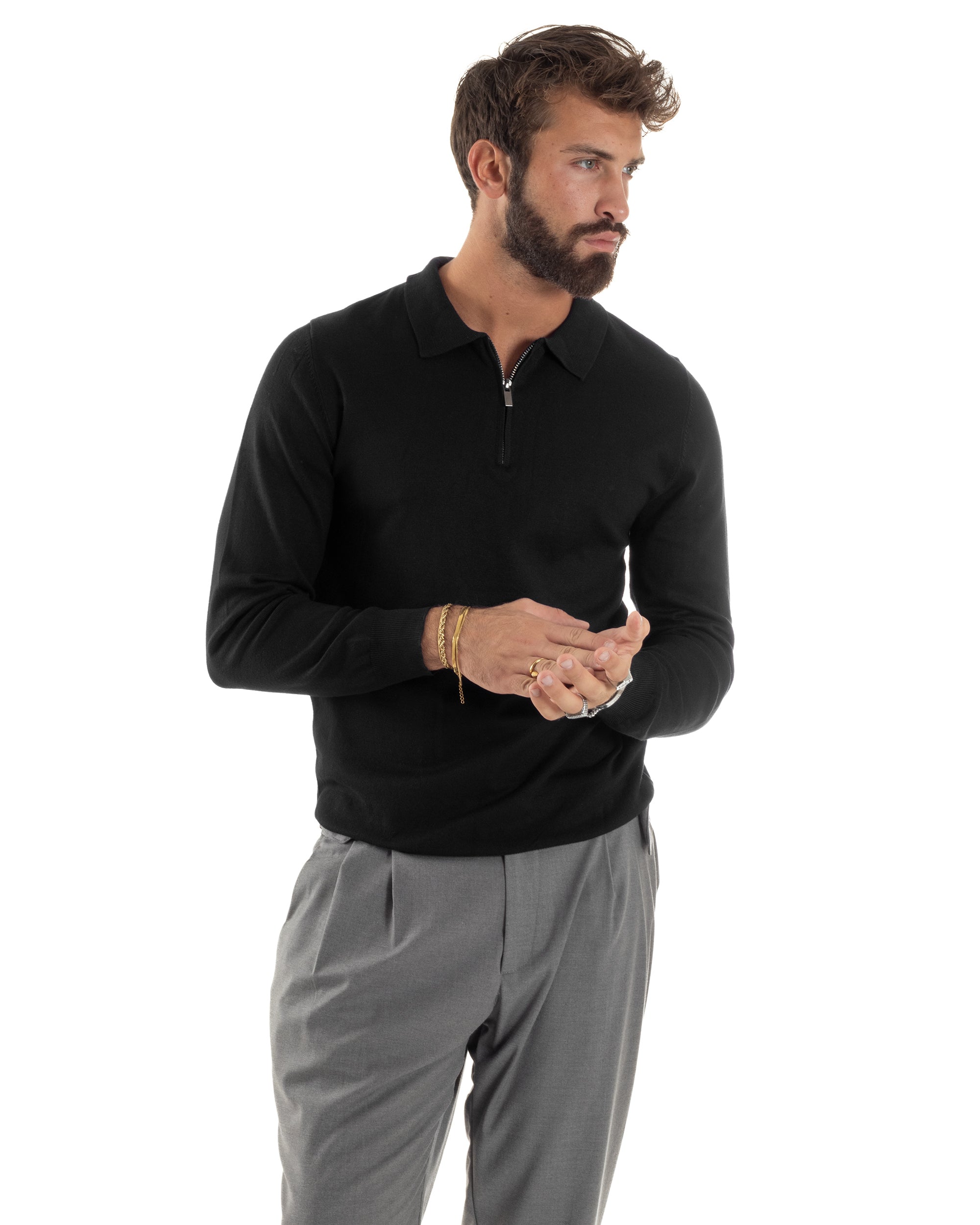 Maglia Colletto Polo Con Zip Basic Nero M3031A