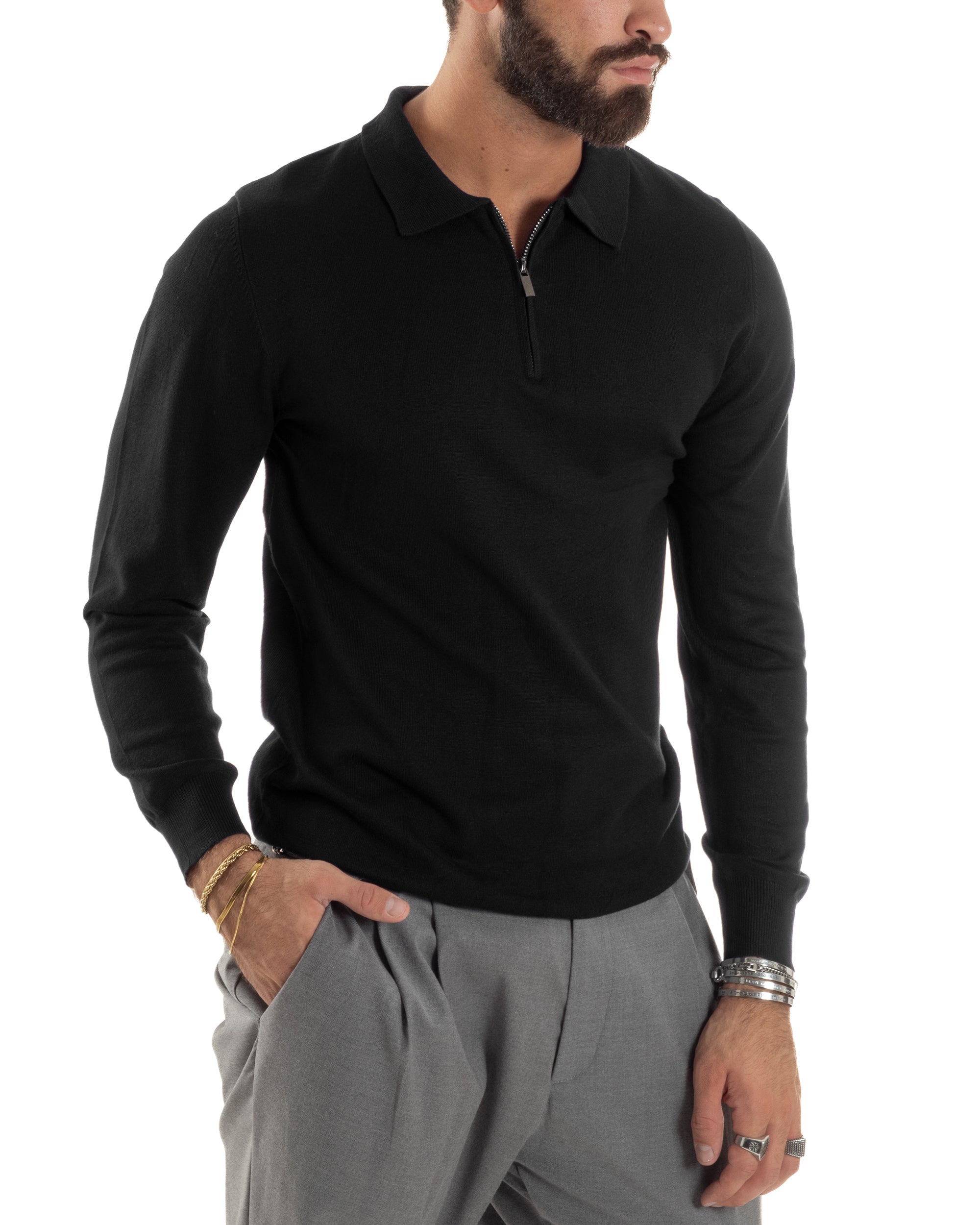 Maglia Colletto Polo Con Zip Basic Nero M3031A