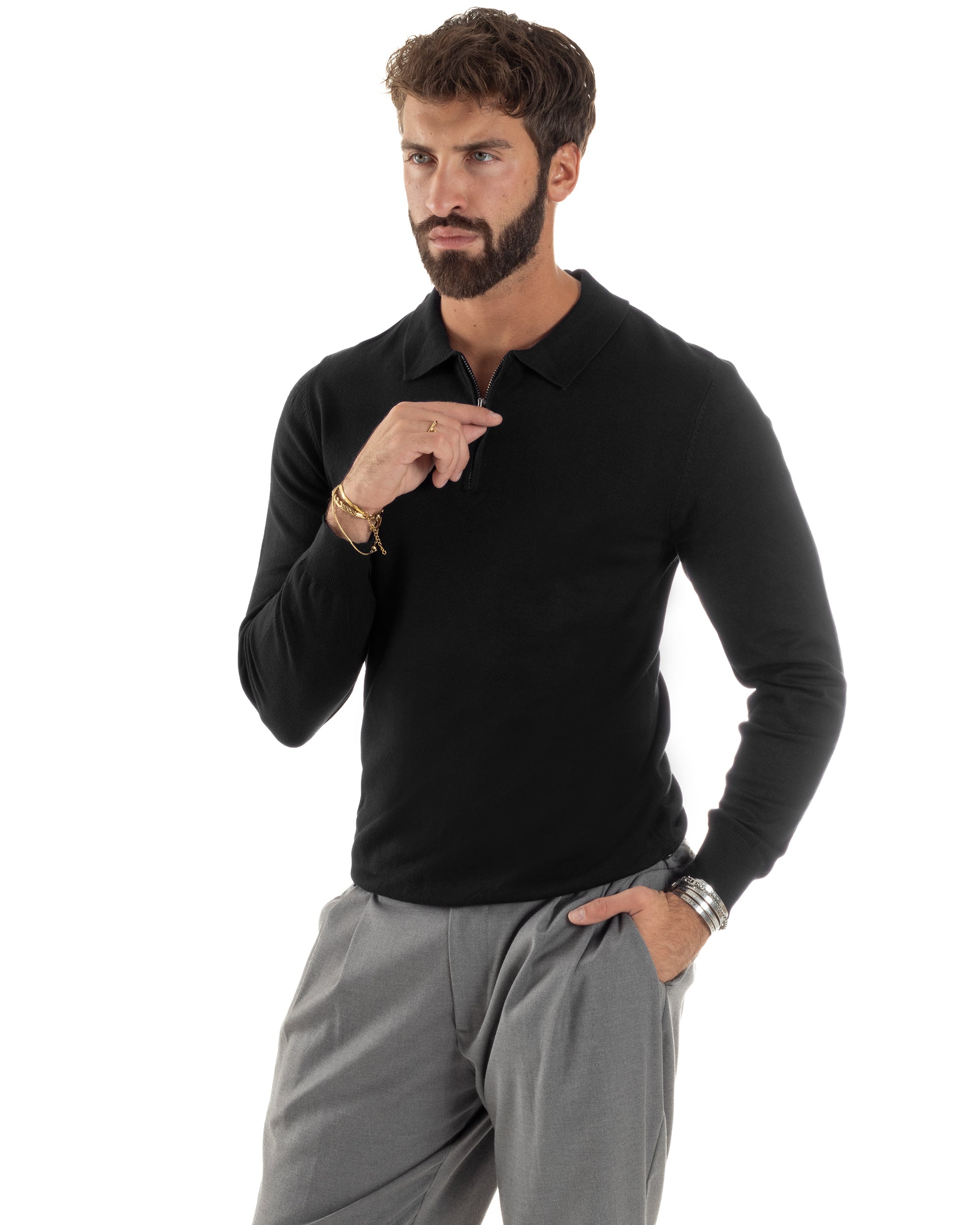 Maglia Colletto Polo Con Zip Basic Nero M3031A
