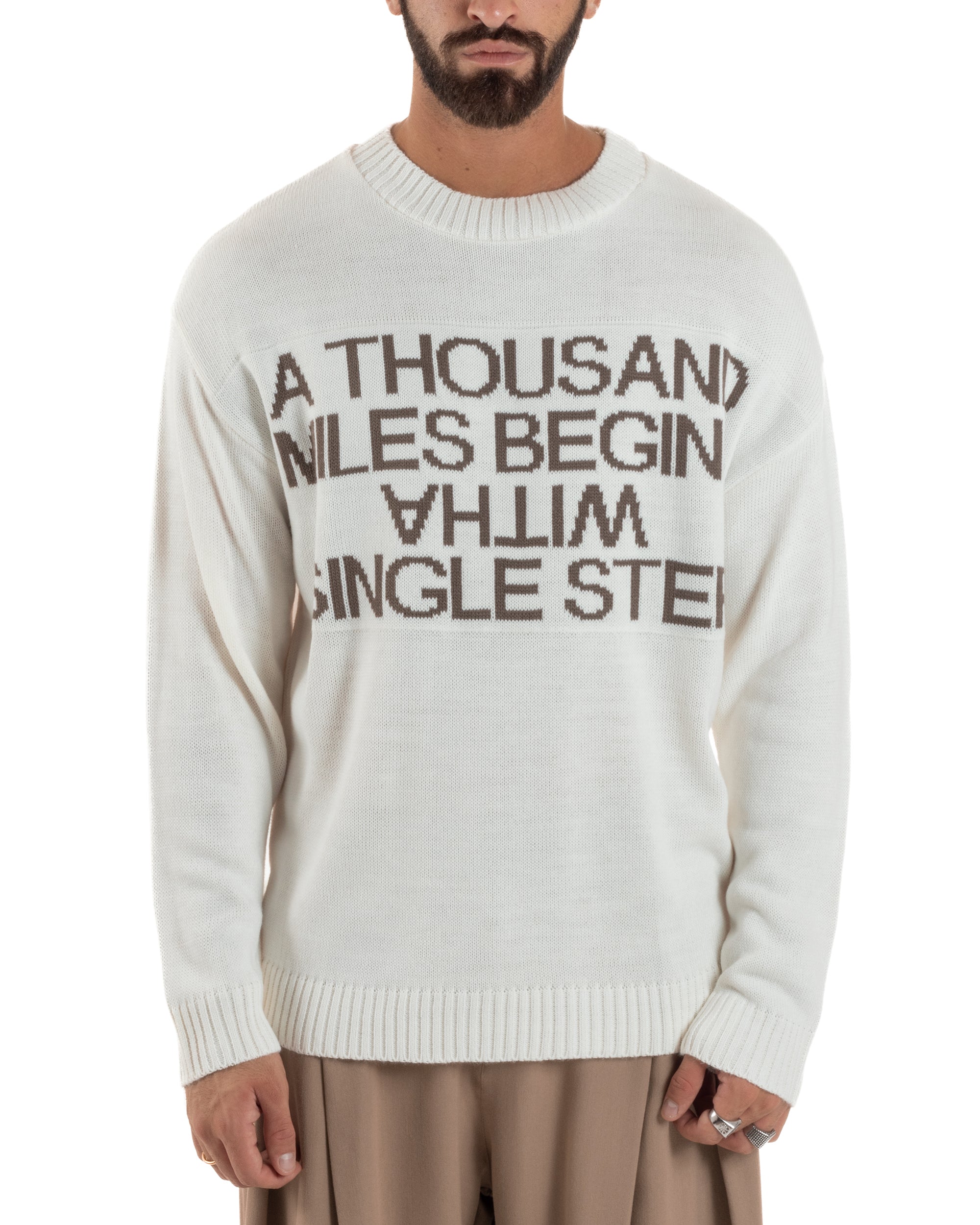 Maglione Uomo Girocollo Pullover Scritta Lana Bianco M3033A