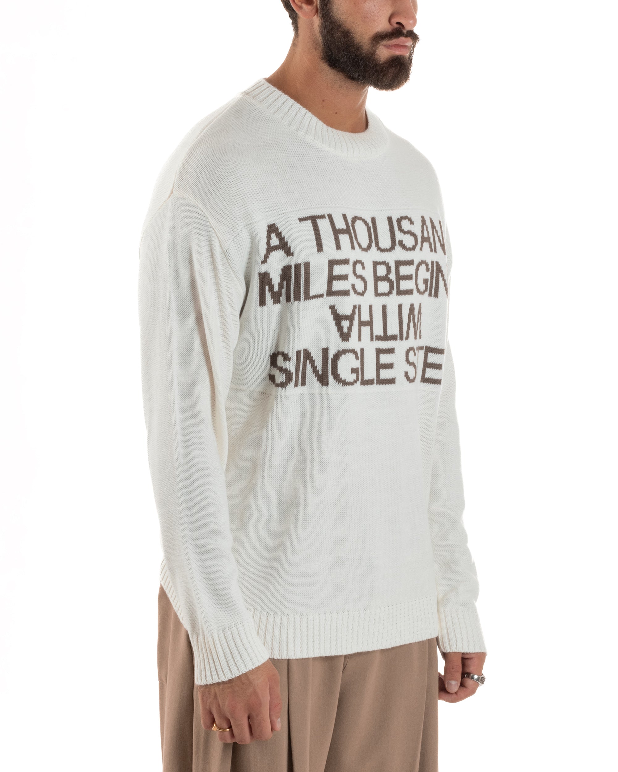 Maglione Uomo Girocollo Pullover Scritta Lana Bianco M3033A