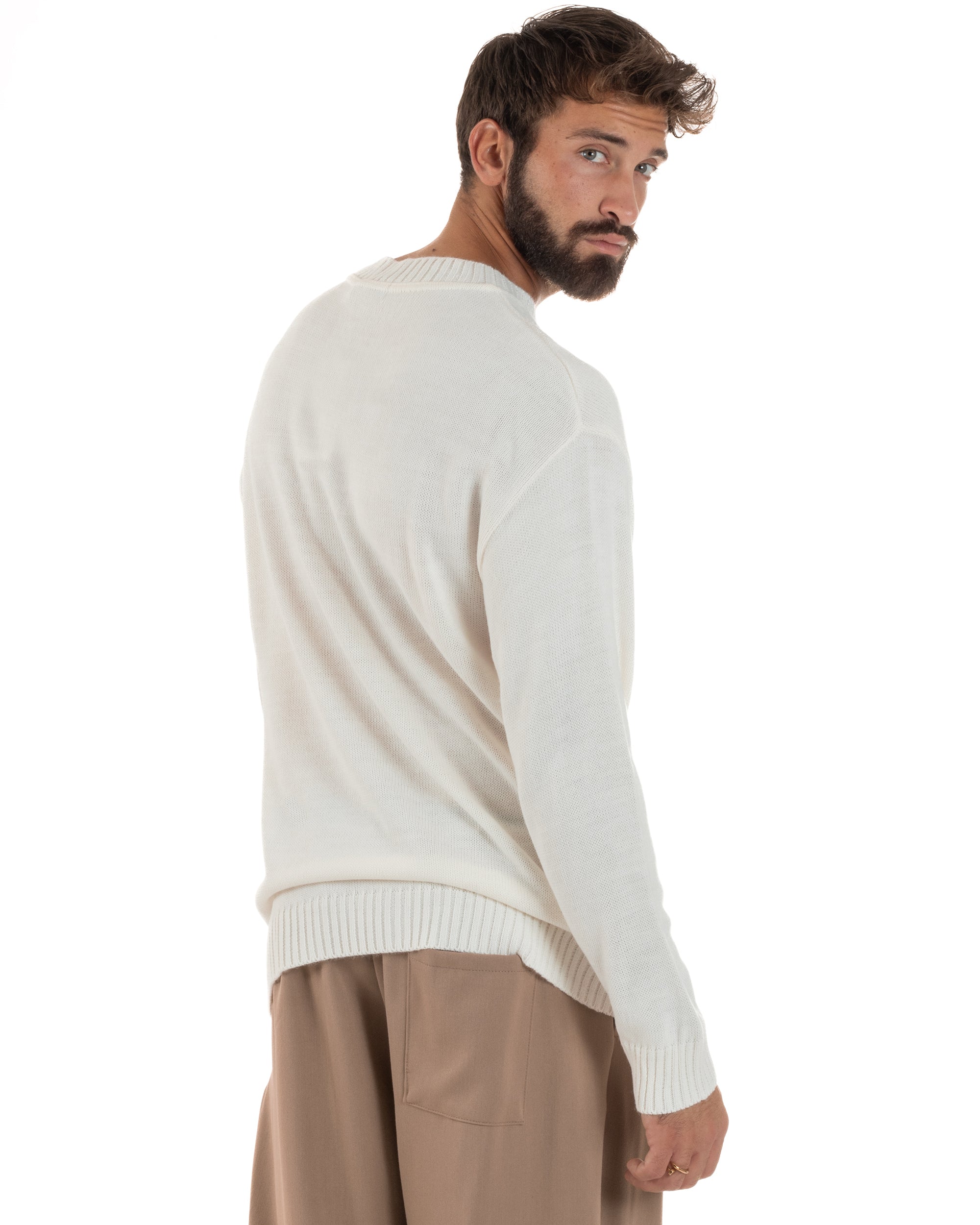 Maglione Uomo Girocollo Pullover Scritta Lana Bianco M3033A