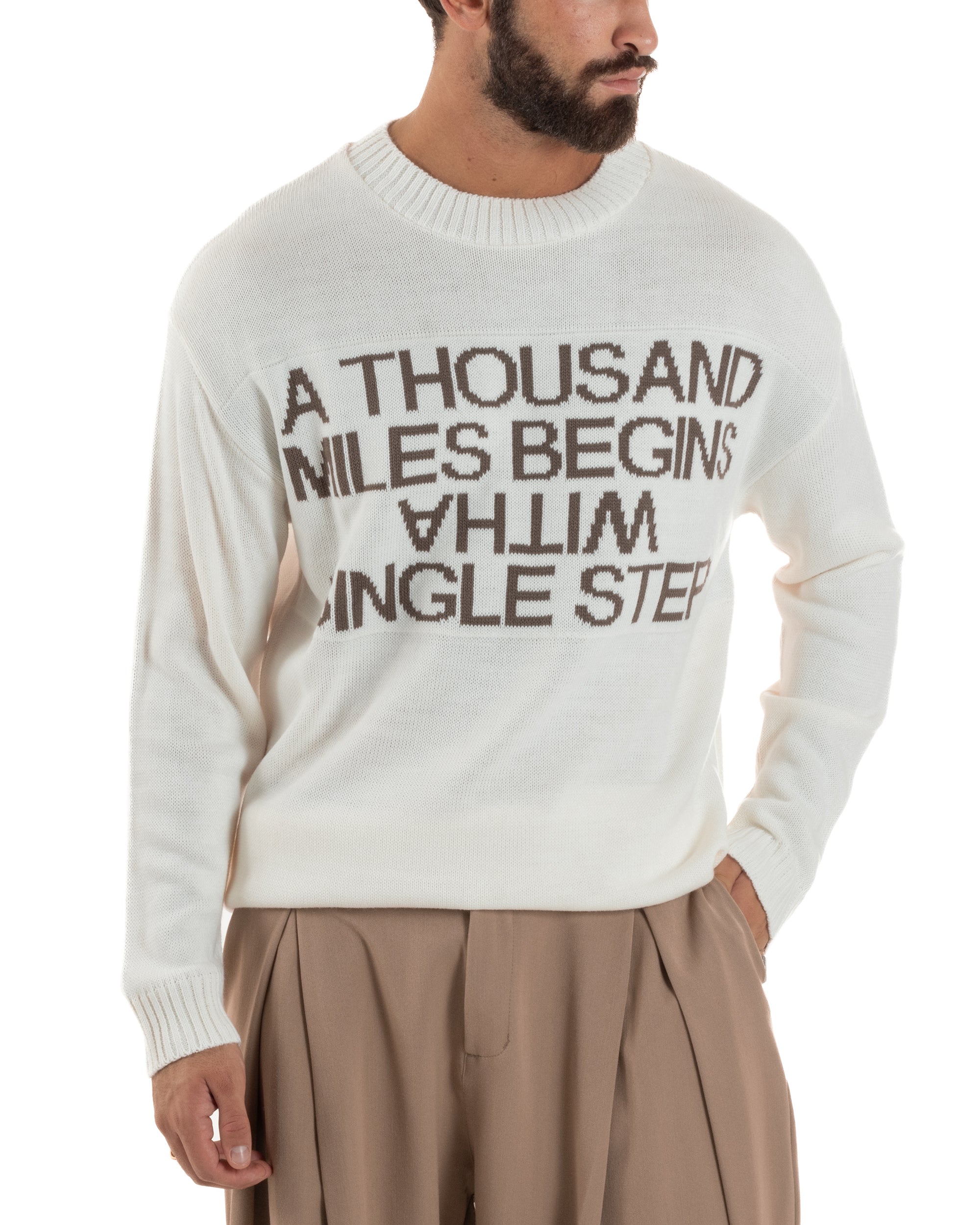 Maglione Uomo Girocollo Pullover Scritta Lana Bianco M3033A