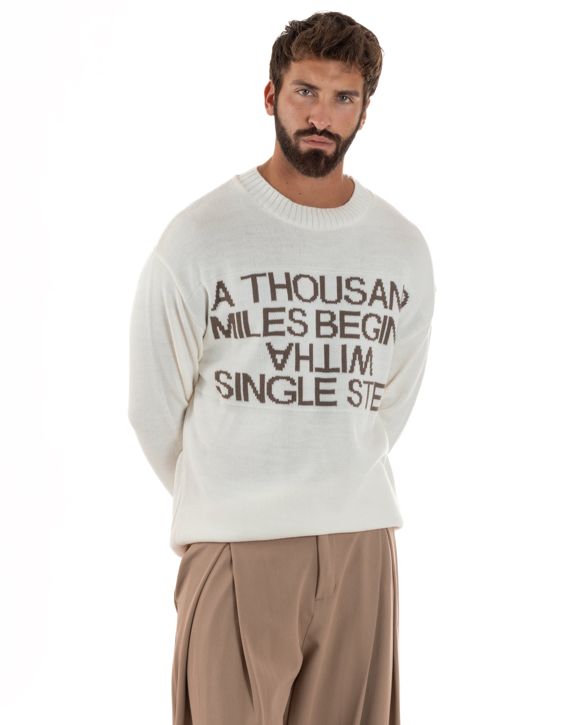 Maglione Uomo Girocollo Pullover Scritta Lana Bianco M3033A