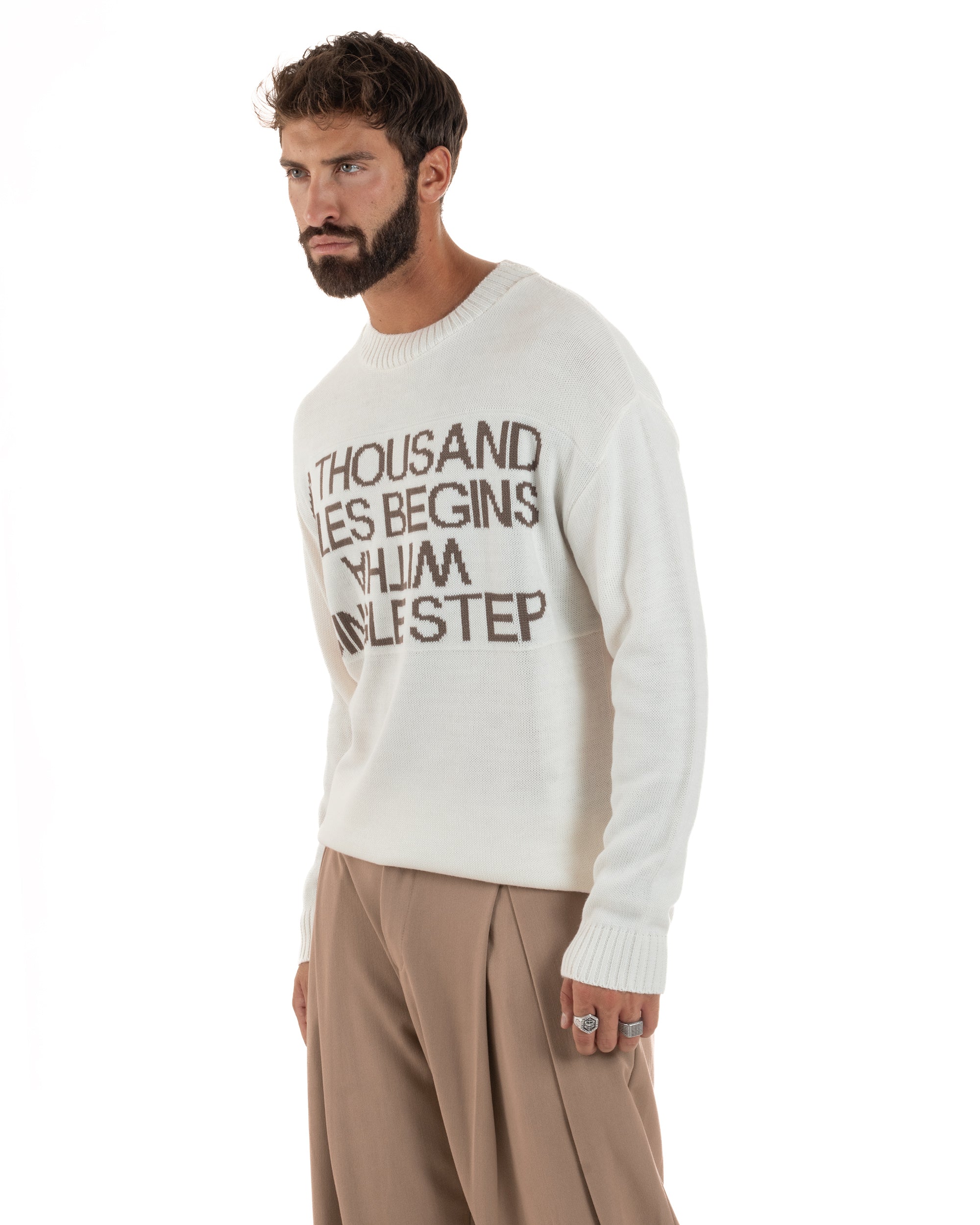 Maglione Uomo Girocollo Pullover Scritta Lana Bianco M3033A