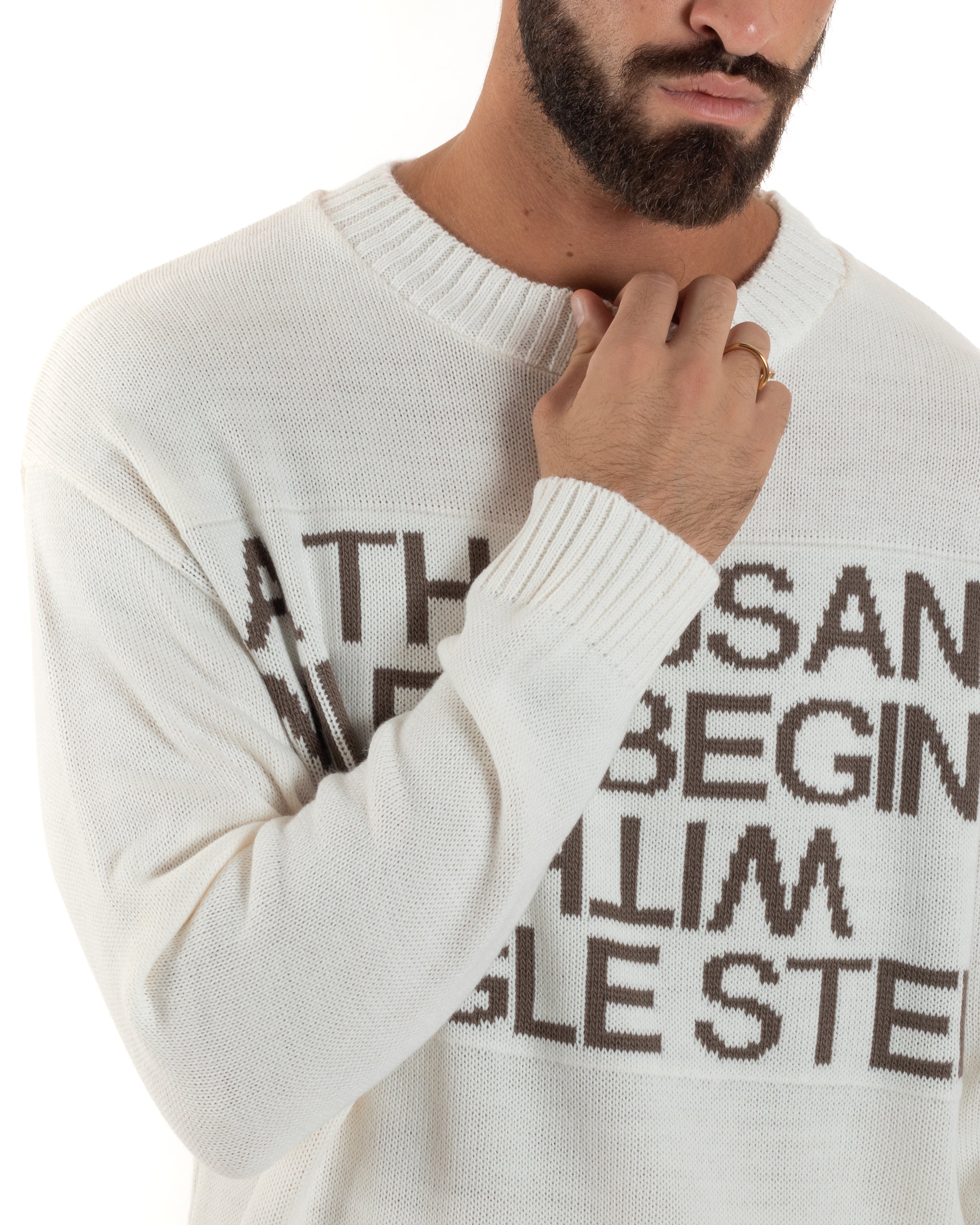 Maglione Uomo Girocollo Pullover Scritta Lana Bianco M3033A