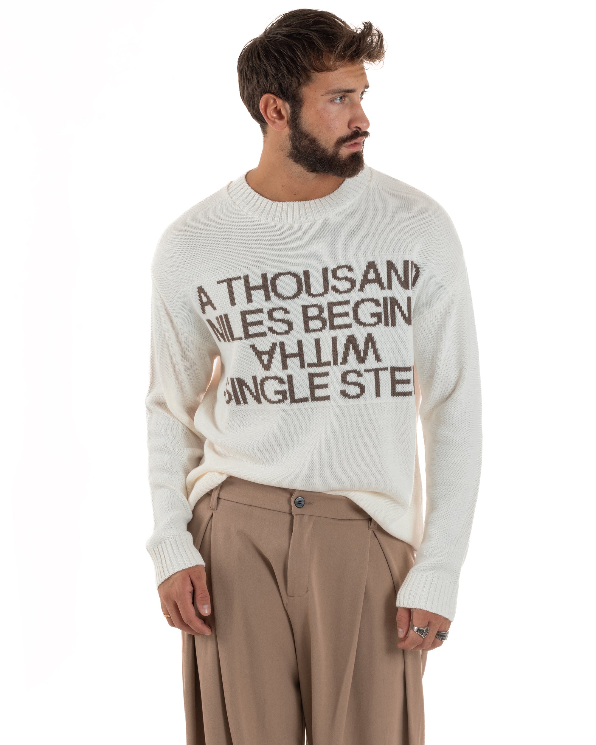 Maglione Uomo Girocollo Pullover Scritta Lana Bianco M3033A