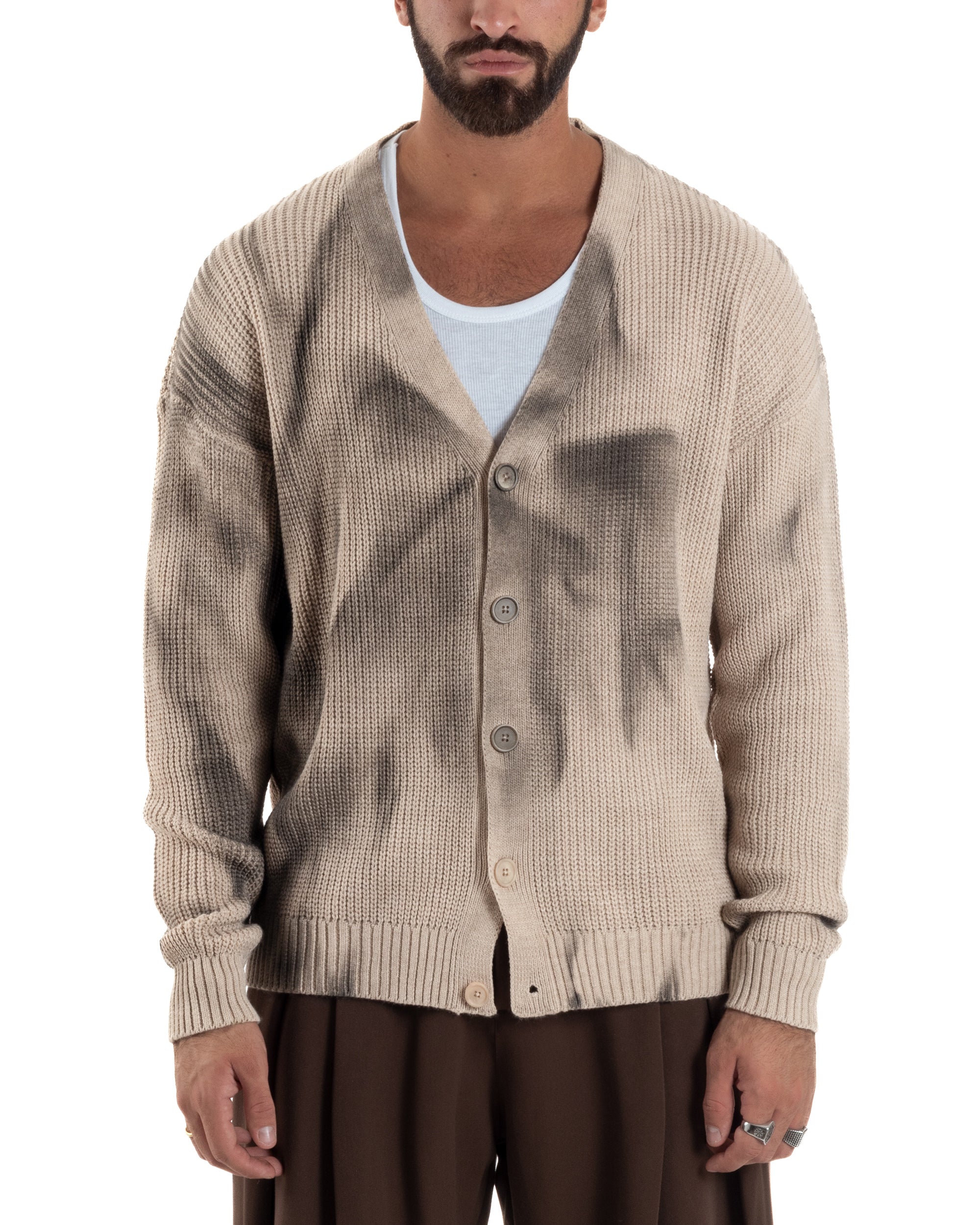 Cardigan Uomo Sfumato Tie Dye Maglia Scollo V Beige M3034A