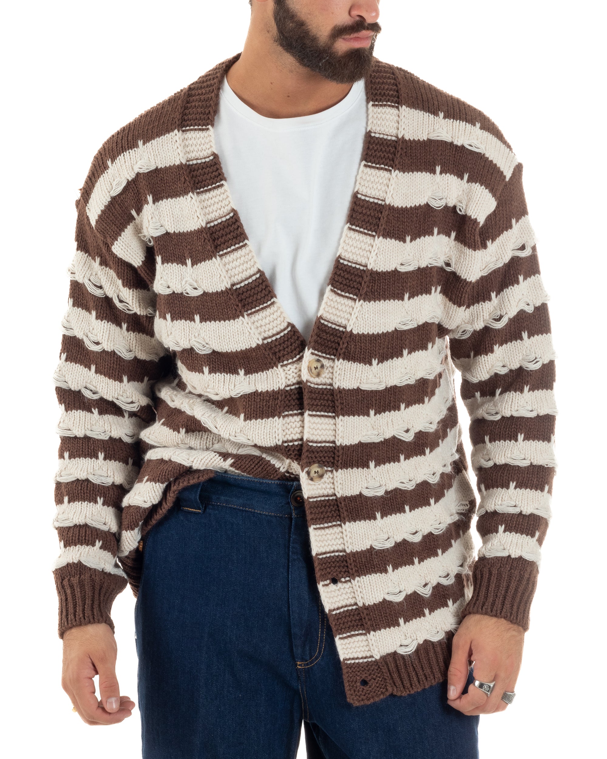 Cardigan Uomo Bicolore Maglia Over Scollo V Rotture Marrone Berna M-252010