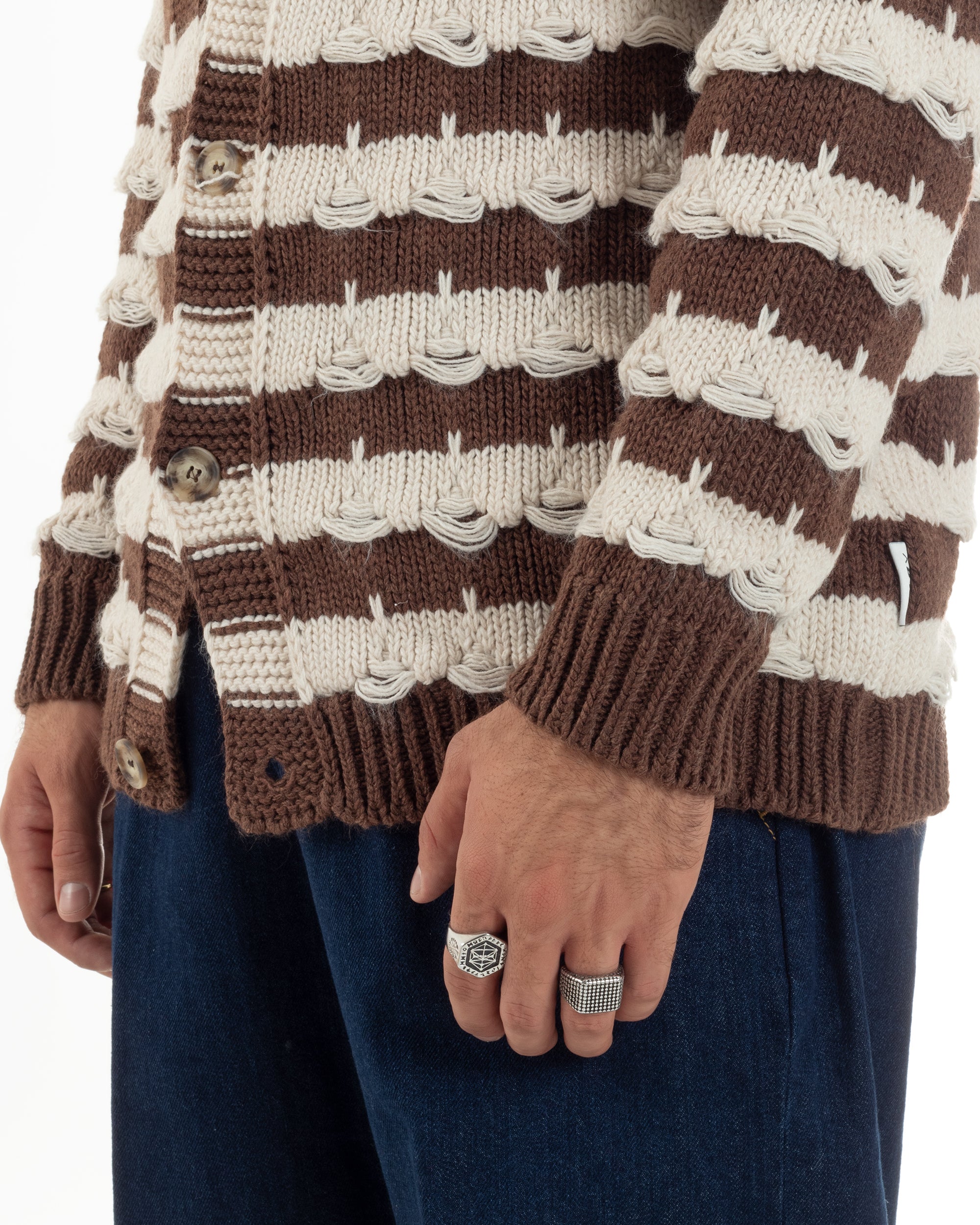 Cardigan Uomo Bicolore Maglia Over Scollo V Rotture Marrone Berna M-252010