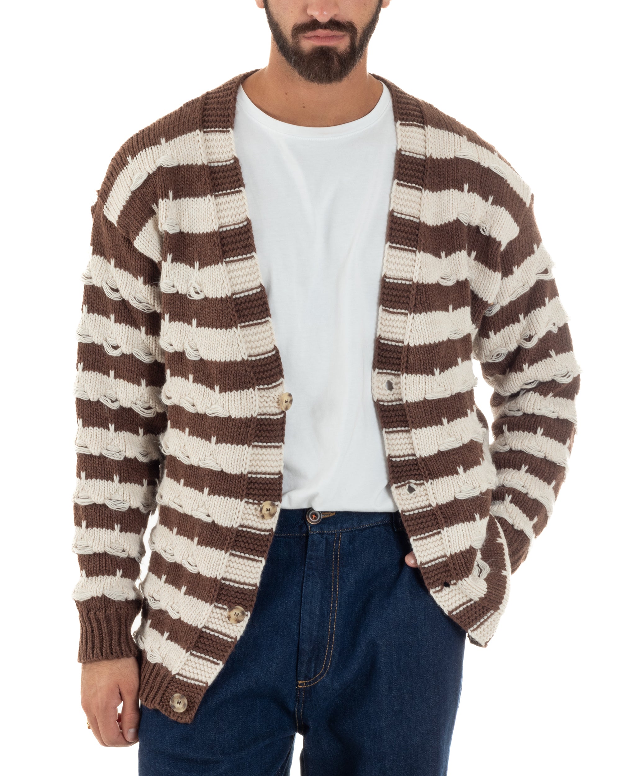 Cardigan Uomo Bicolore Maglia Over Scollo V Rotture Marrone Berna M-252010