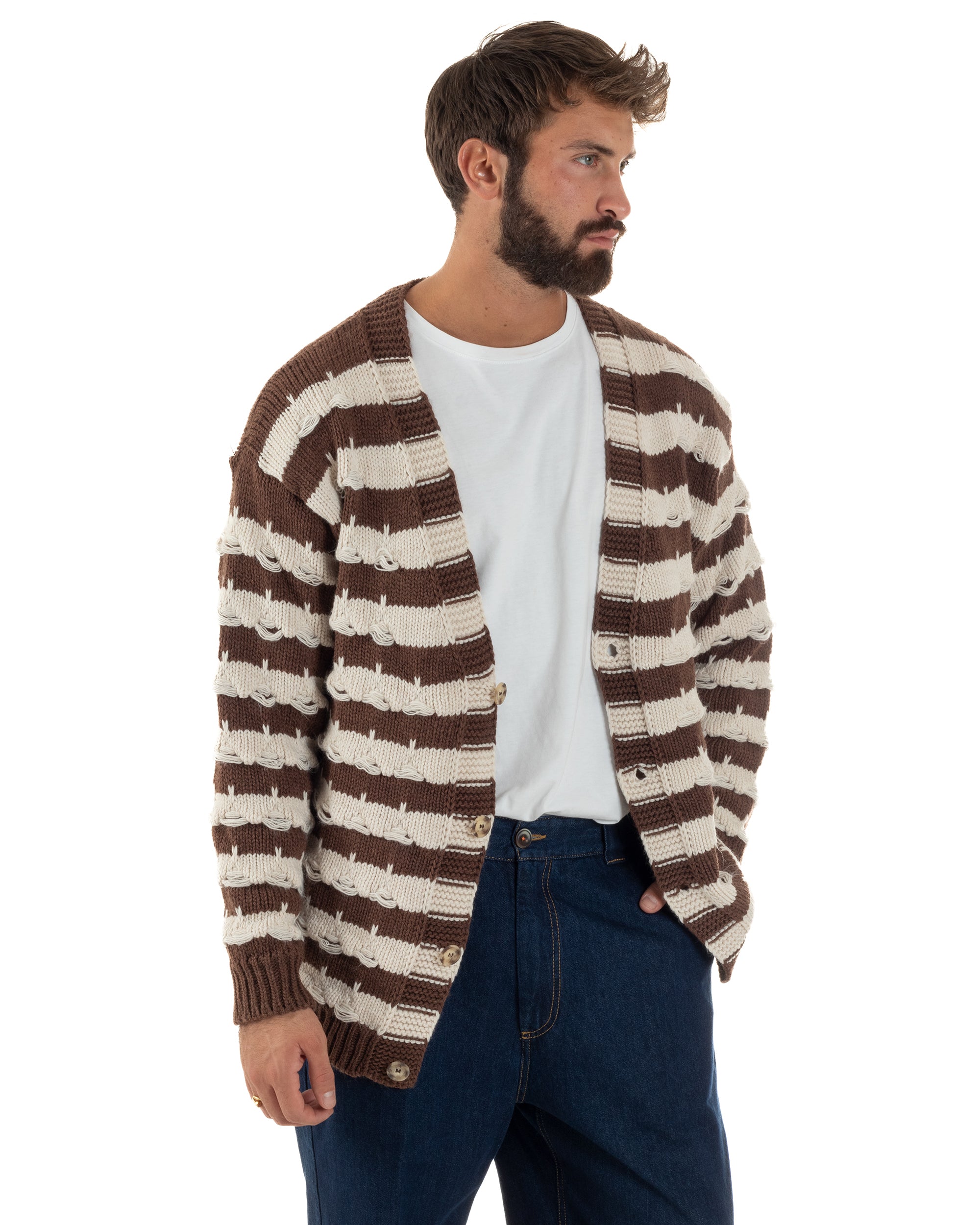 Cardigan Uomo Bicolore Maglia Over Scollo V Rotture Marrone Berna M-252010