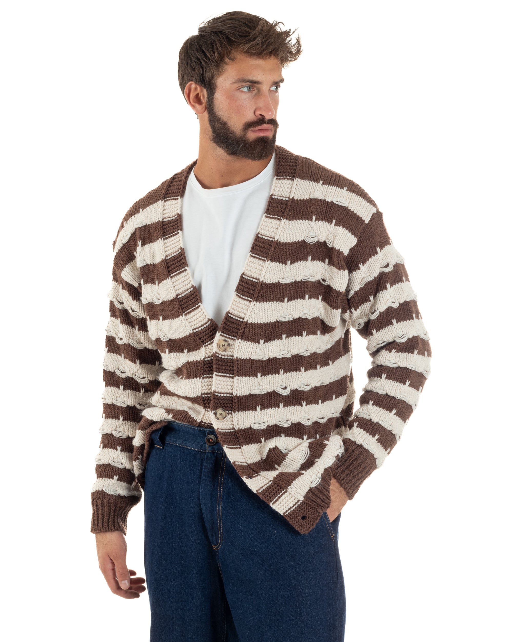 Cardigan Uomo Bicolore Maglia Over Scollo V Rotture Marrone Berna M-252010
