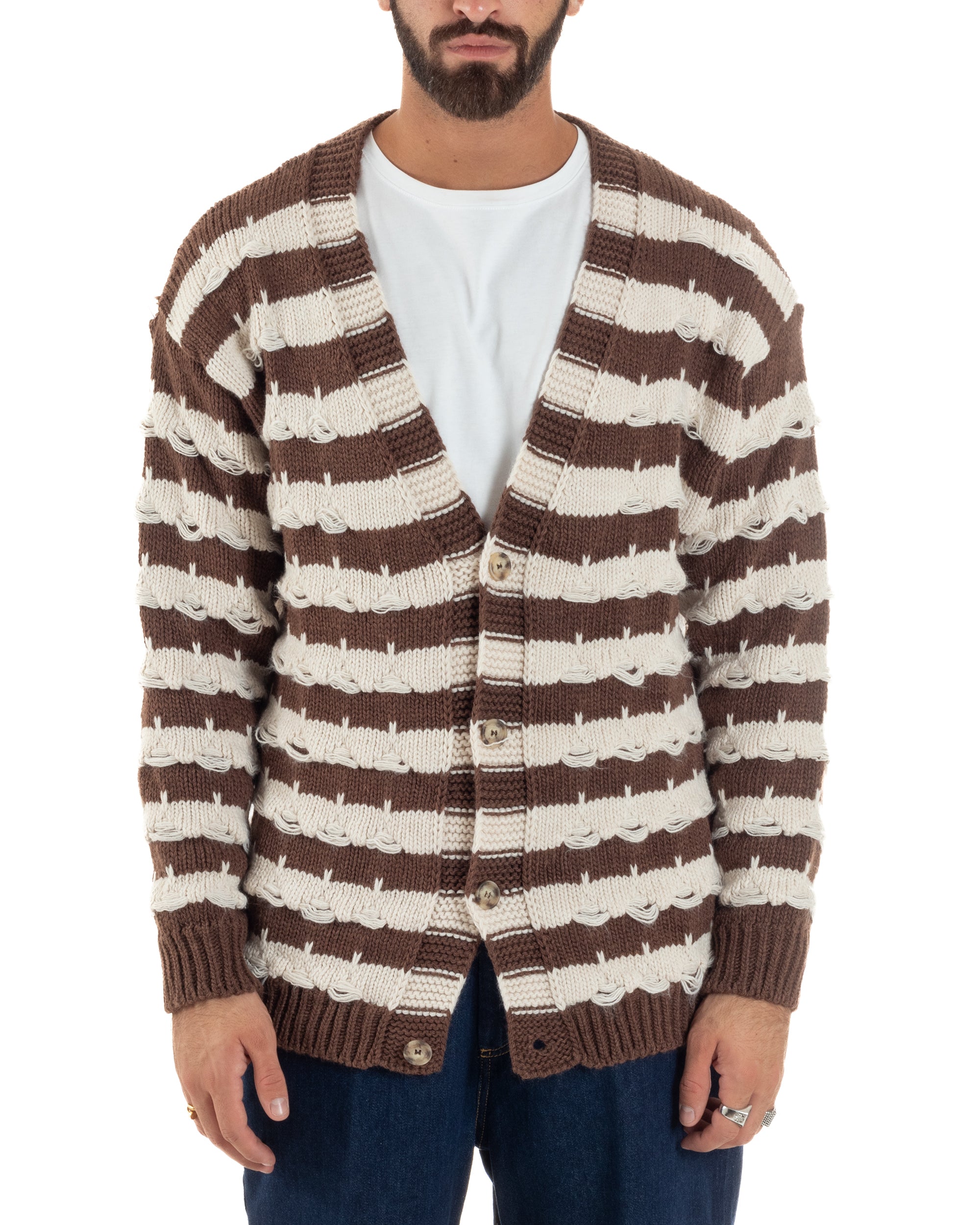 Cardigan Uomo Bicolore Maglia Over Scollo V Rotture Marrone Berna M-252010