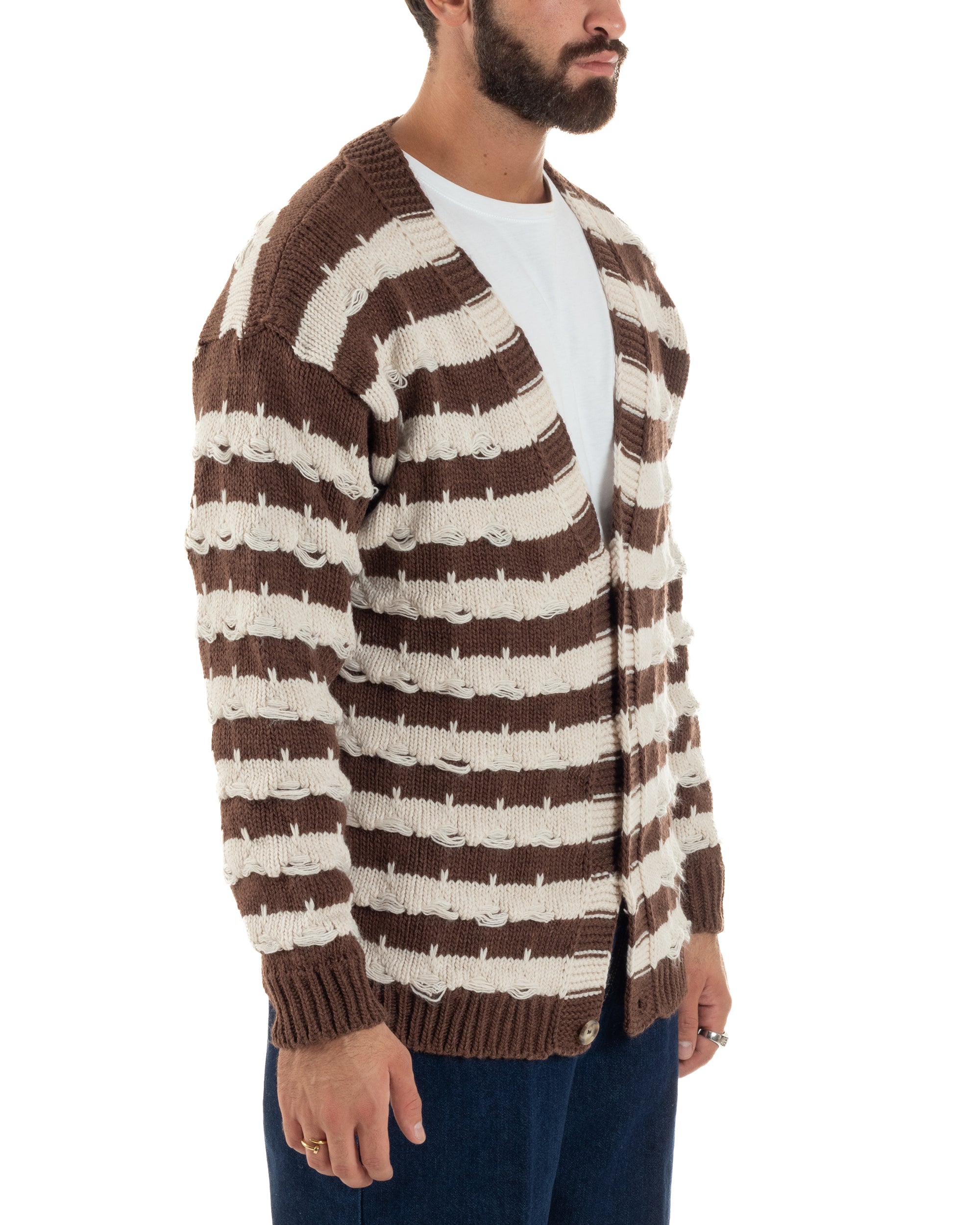 Cardigan Uomo Bicolore Maglia Over Scollo V Rotture Marrone Berna M-252010