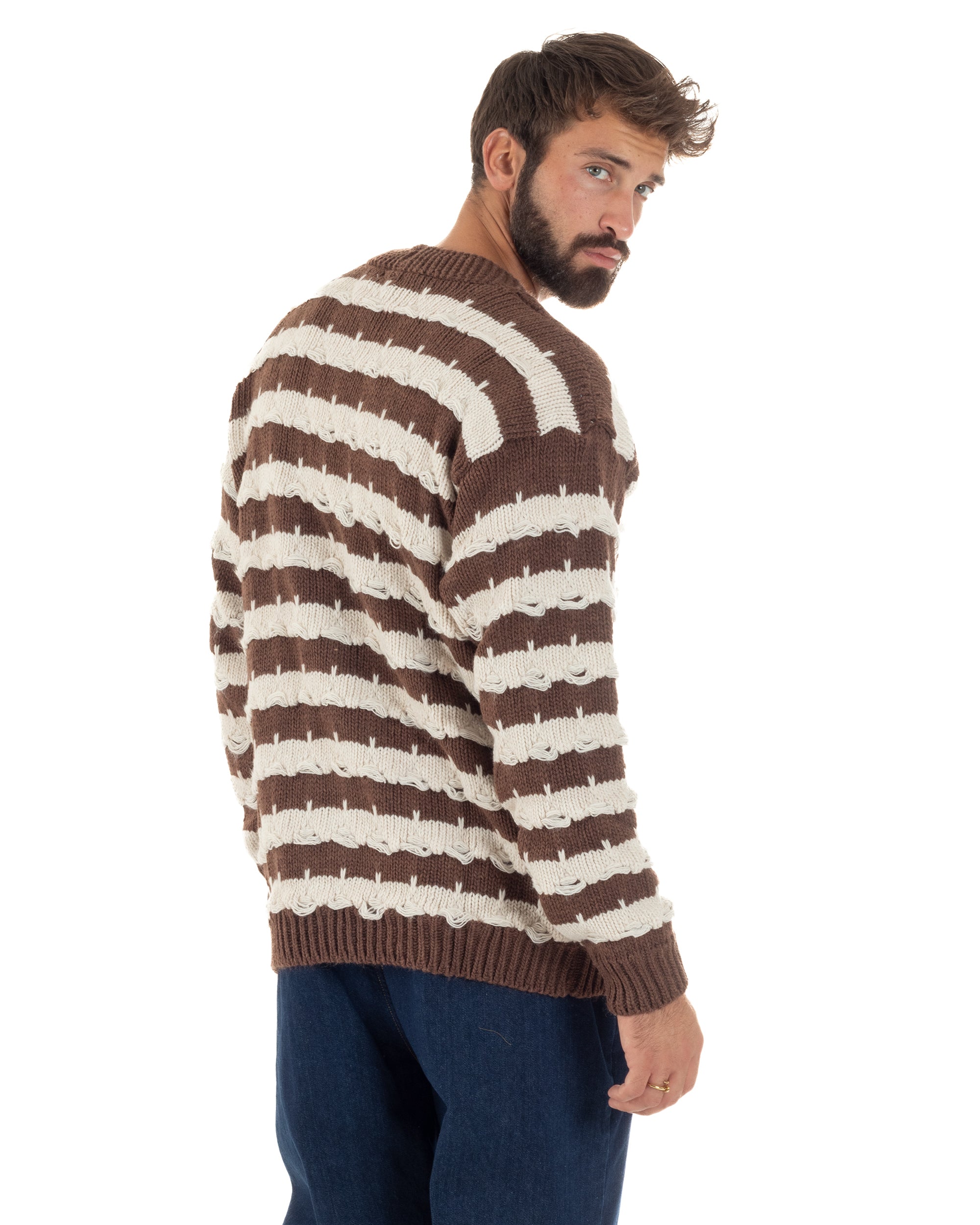Cardigan Uomo Bicolore Maglia Over Scollo V Rotture Marrone Berna M-252010