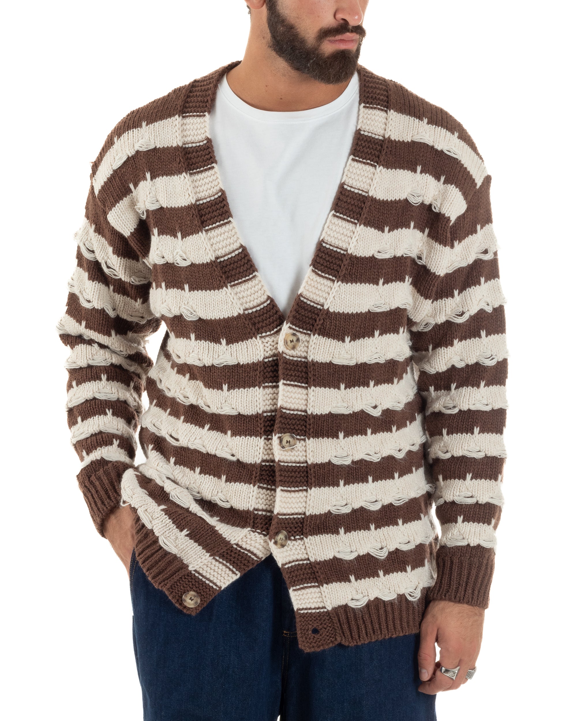 Cardigan Uomo Bicolore Maglia Over Scollo V Rotture Marrone Berna M-252010