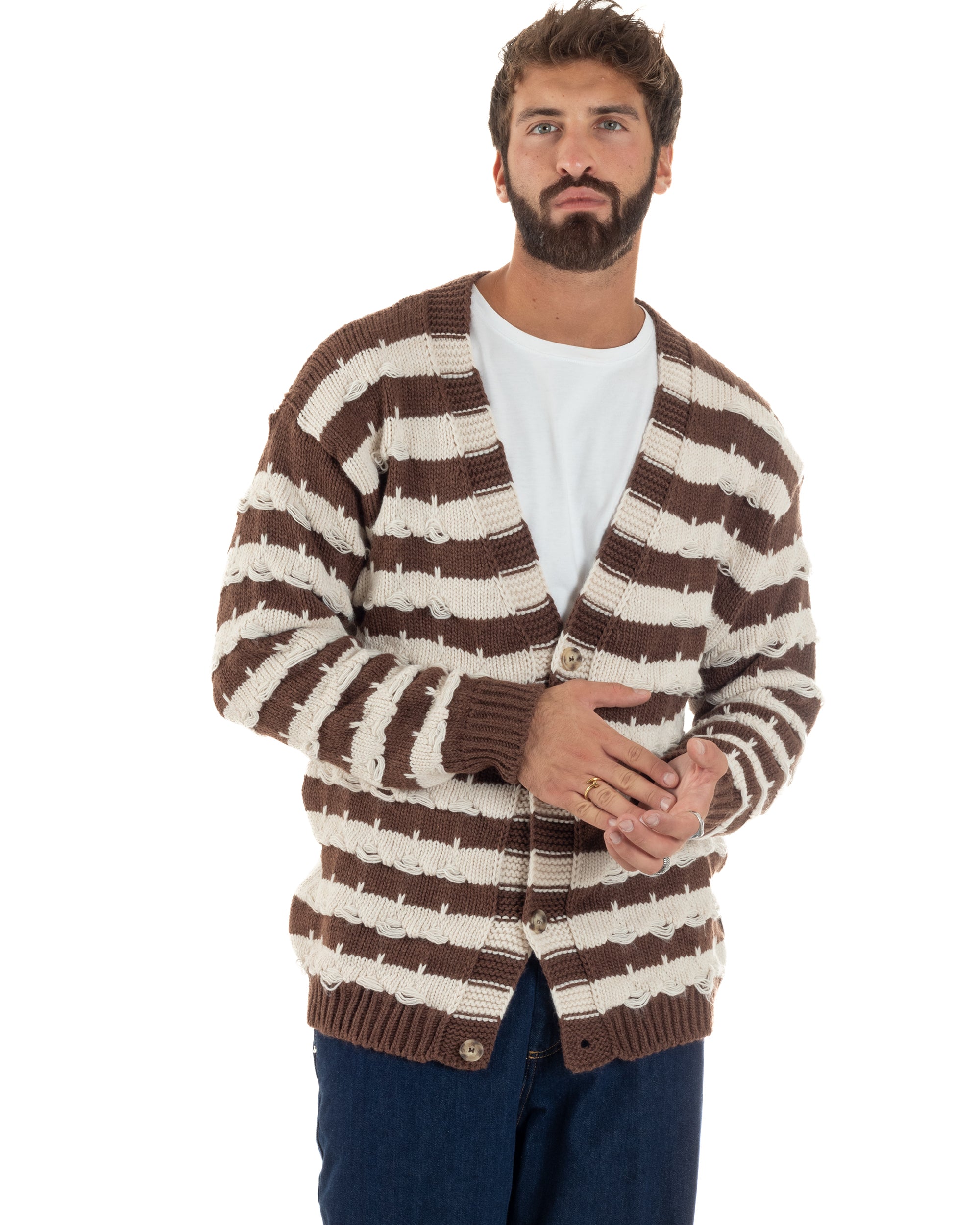 Cardigan Uomo Bicolore Maglia Over Scollo V Rotture Marrone Berna M-252010