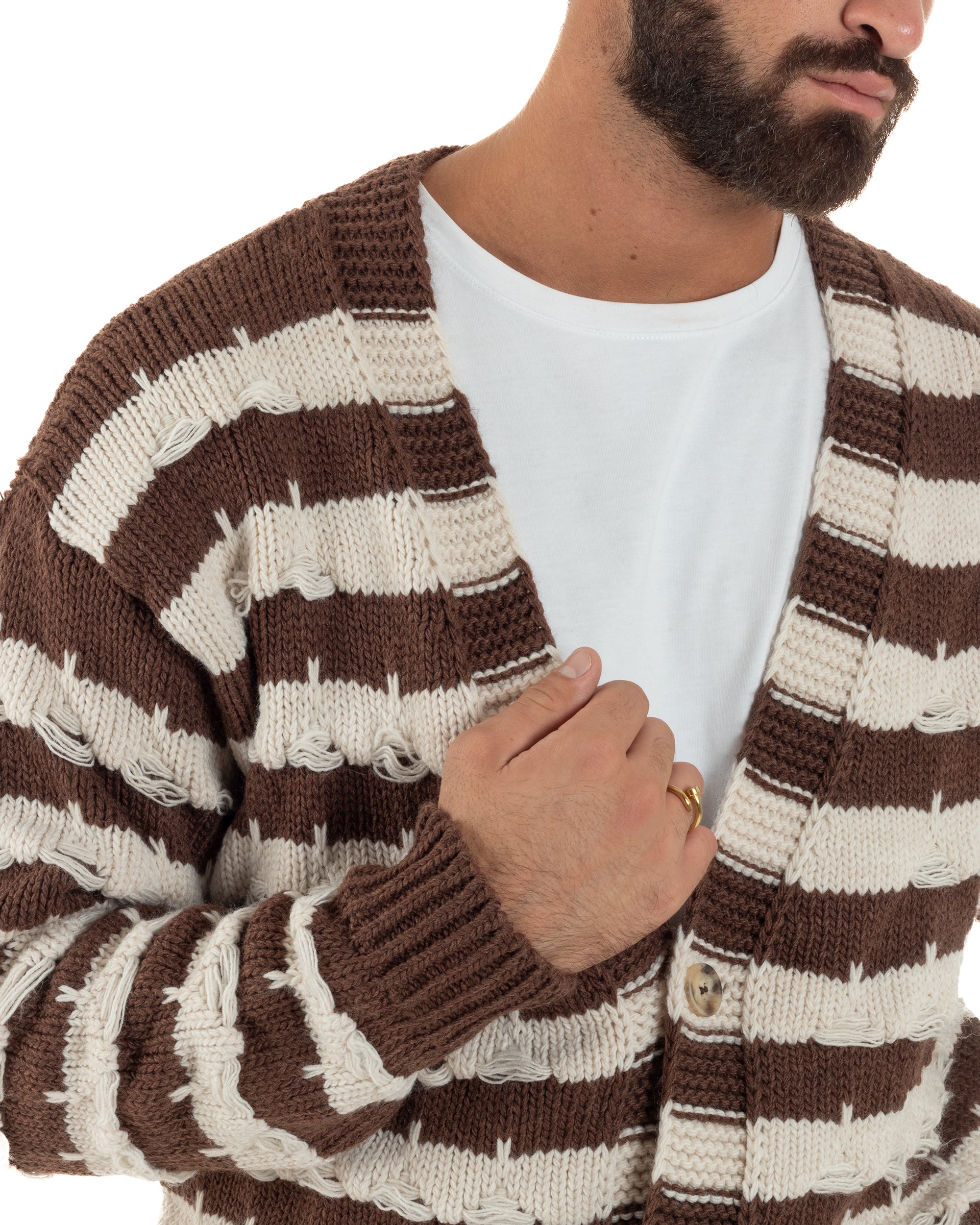 Cardigan Uomo Bicolore Maglia Over Scollo V Rotture Marrone Berna M-252010