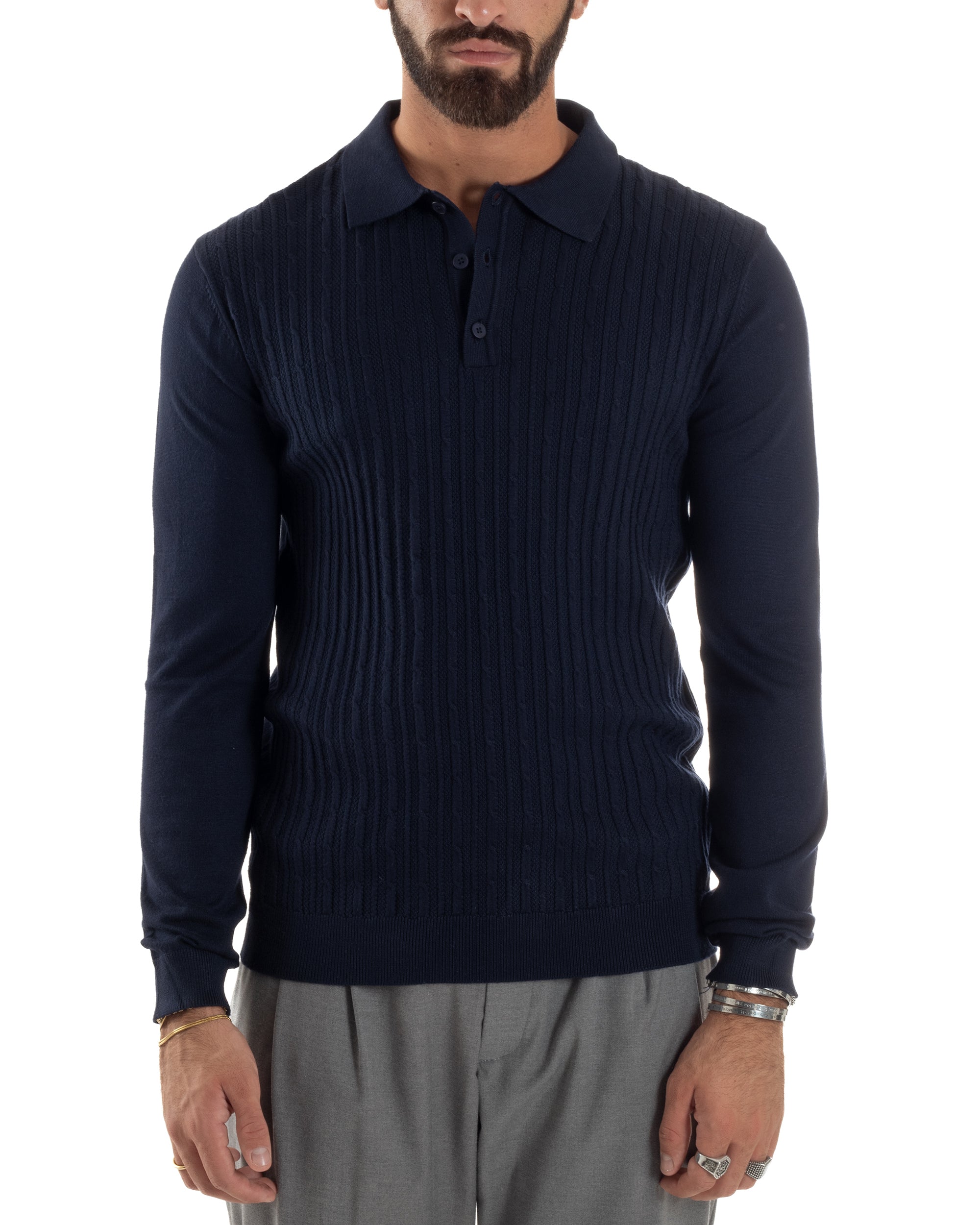 Maglia Uomo Colletto Polo Maglioncino Trecce Basic Blu M3036A