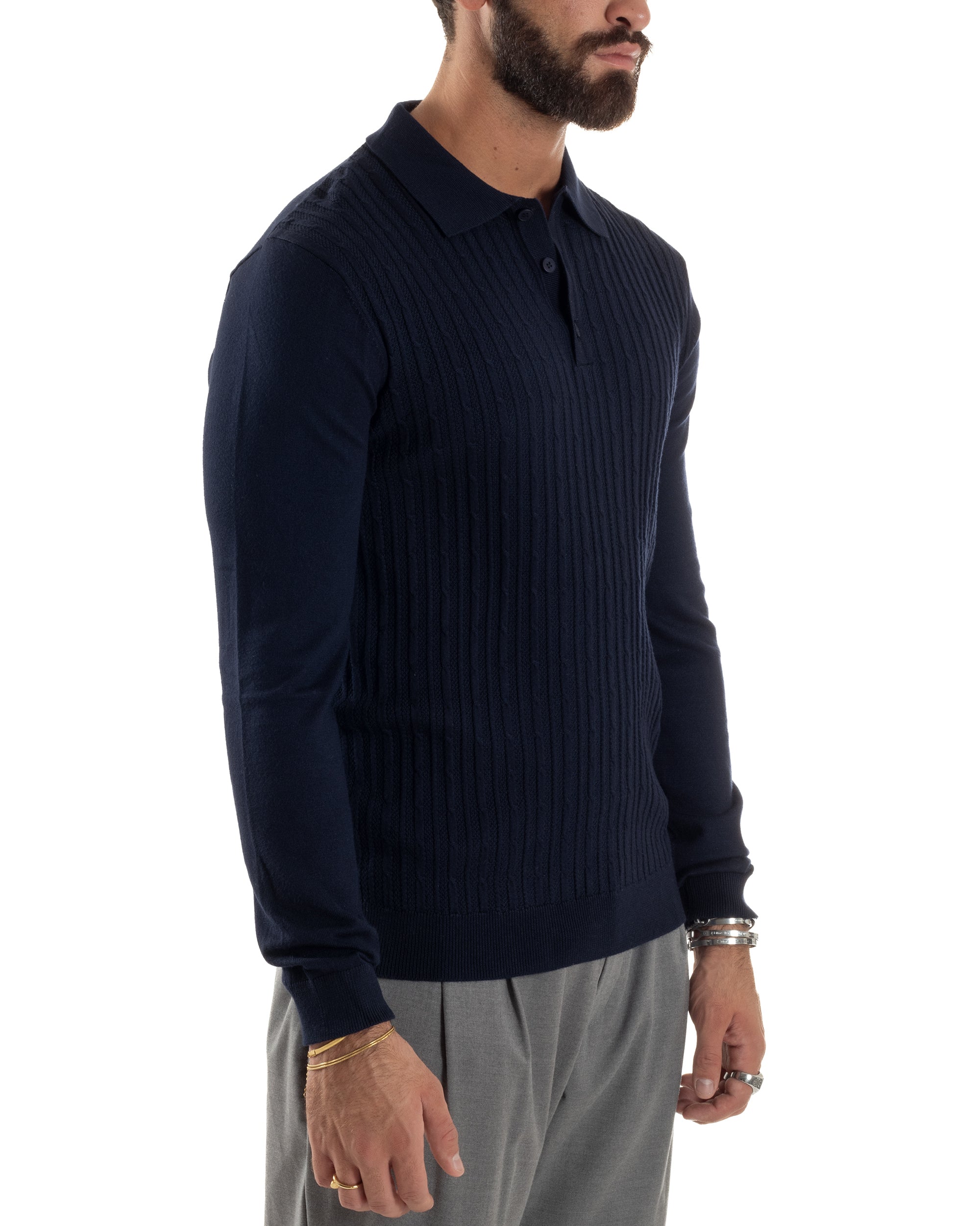 Maglia Uomo Colletto Polo Maglioncino Trecce Basic Blu M3036A