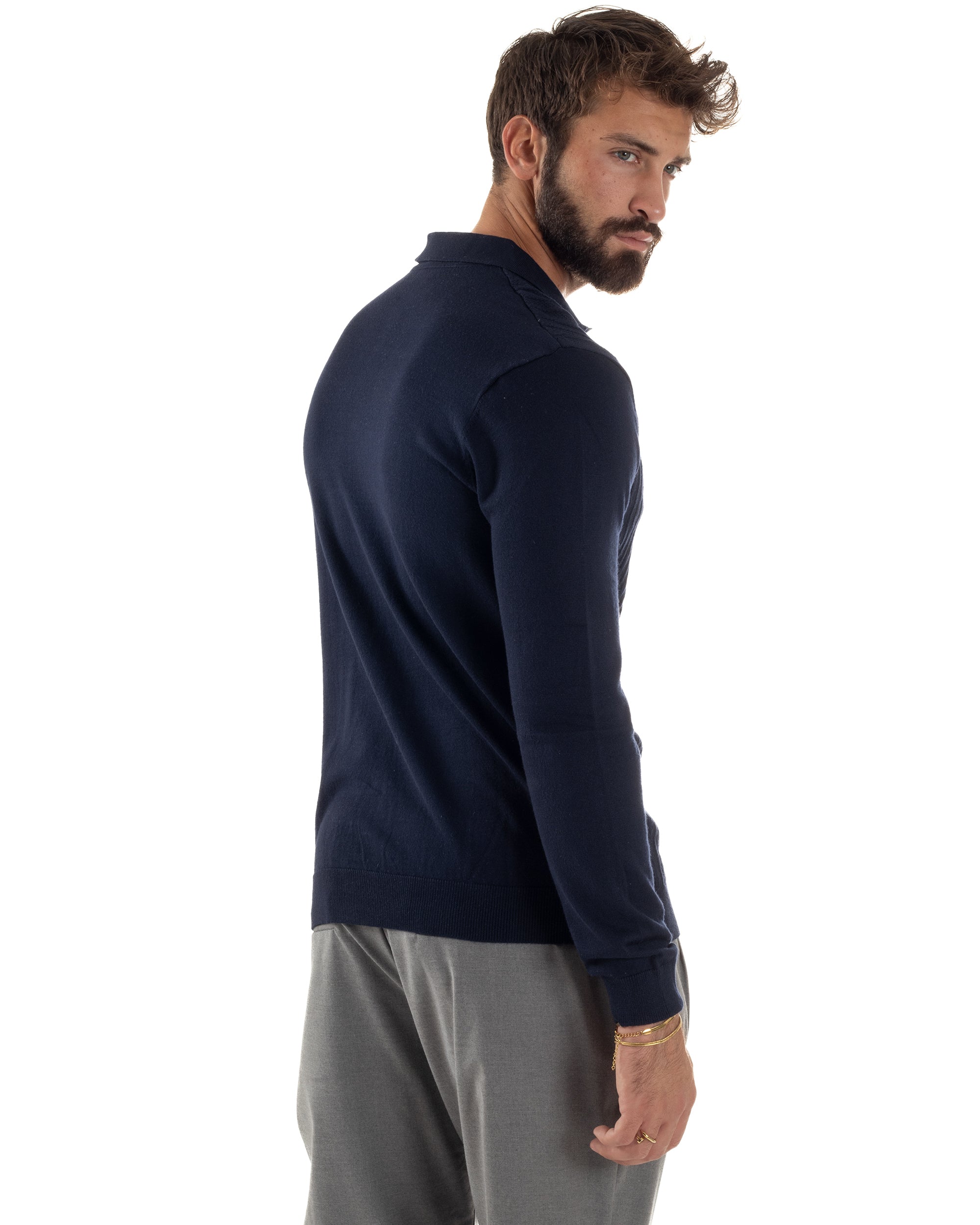 Maglia Uomo Colletto Polo Maglioncino Trecce Basic Blu M3036A