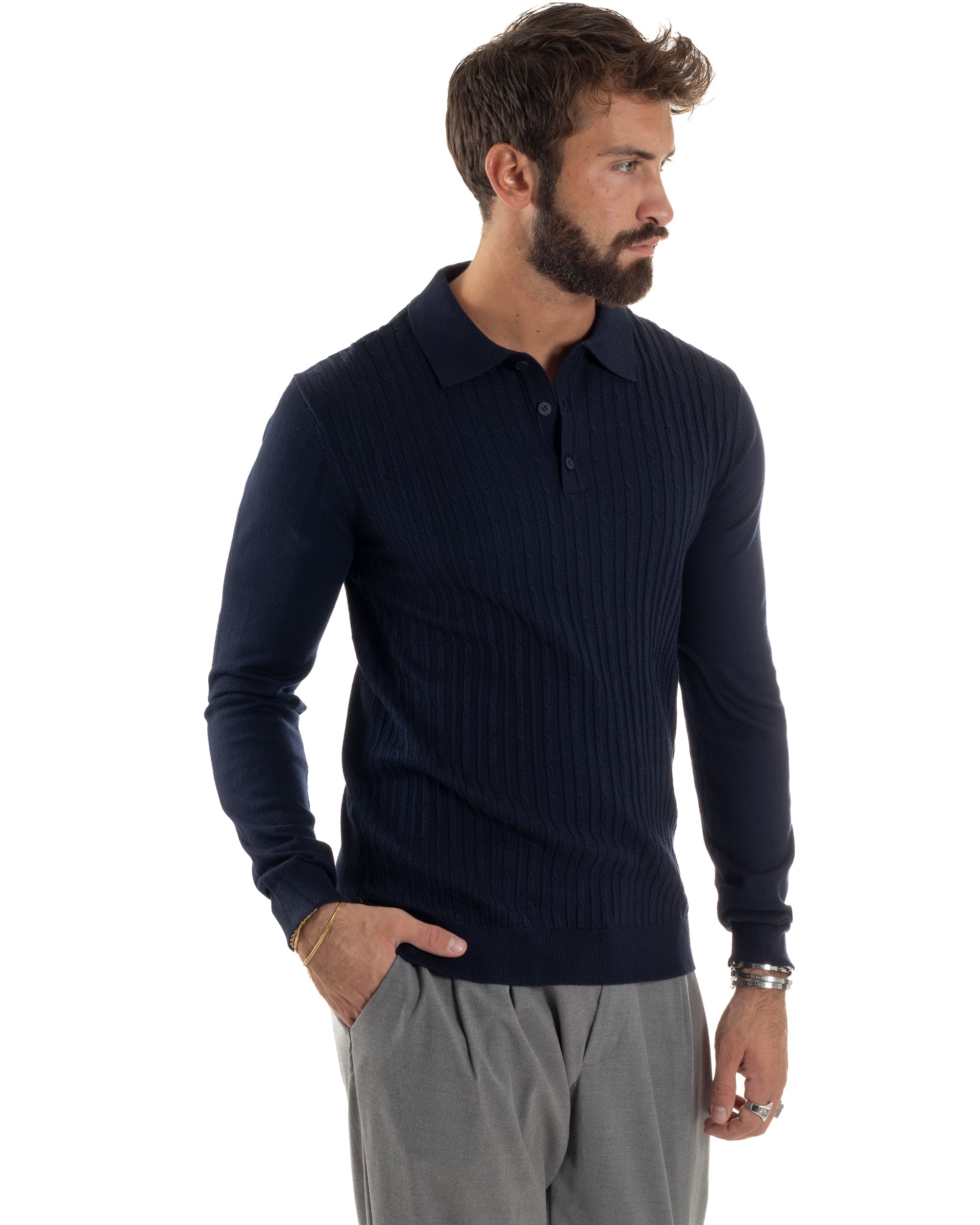 Maglia Uomo Colletto Polo Maglioncino Trecce Basic Blu M3036A