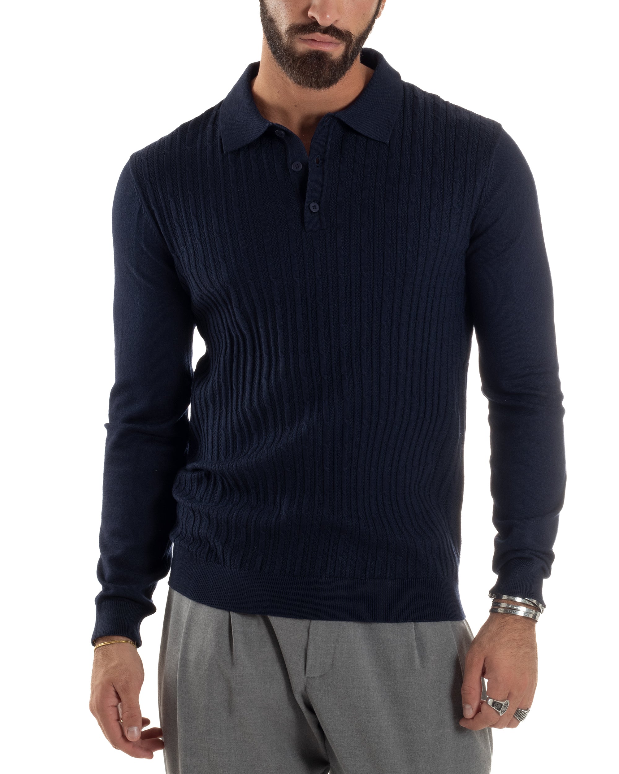 Maglia Uomo Colletto Polo Maglioncino Trecce Basic Blu M3036A
