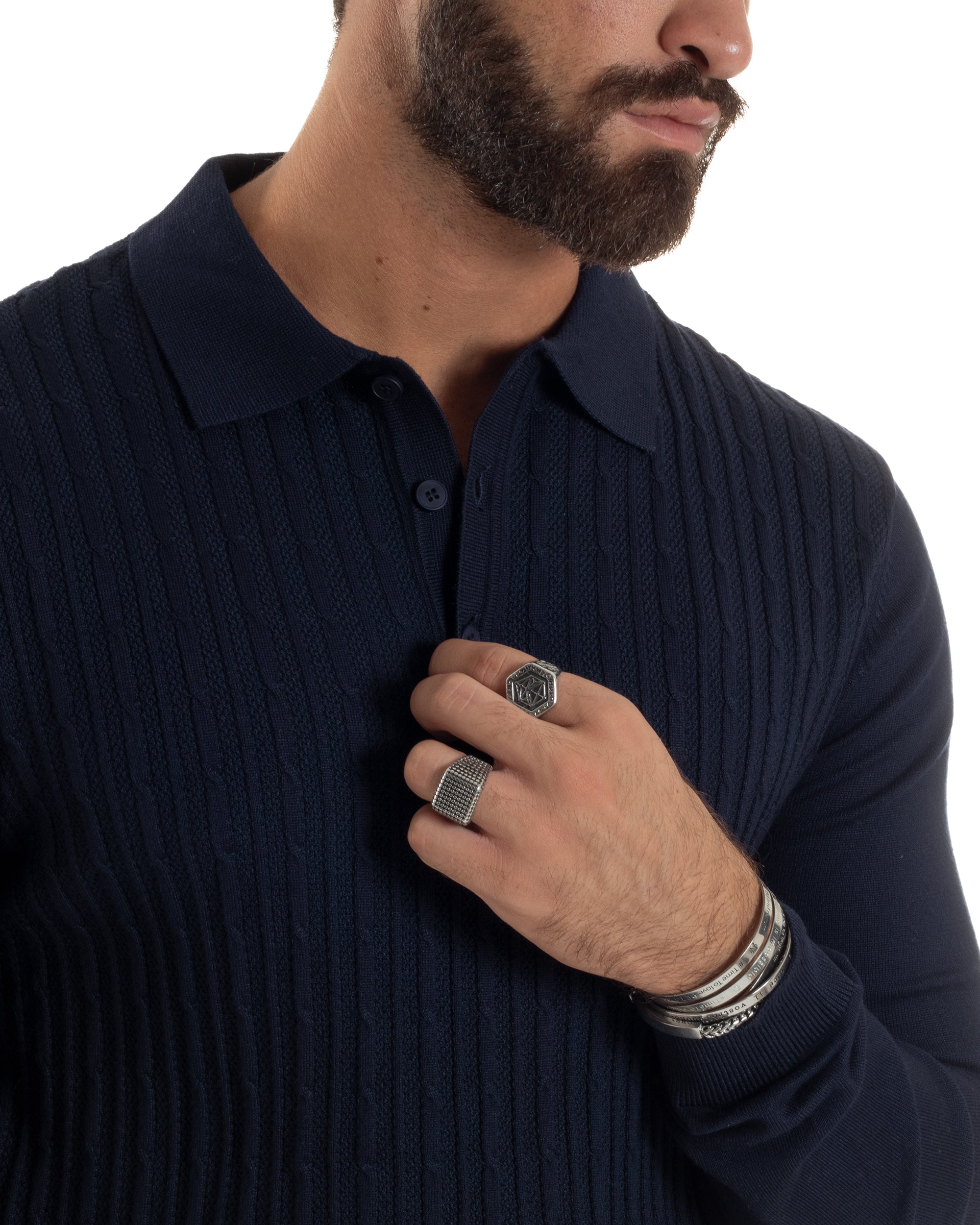 Maglia Uomo Colletto Polo Maglioncino Trecce Basic Blu M3036A
